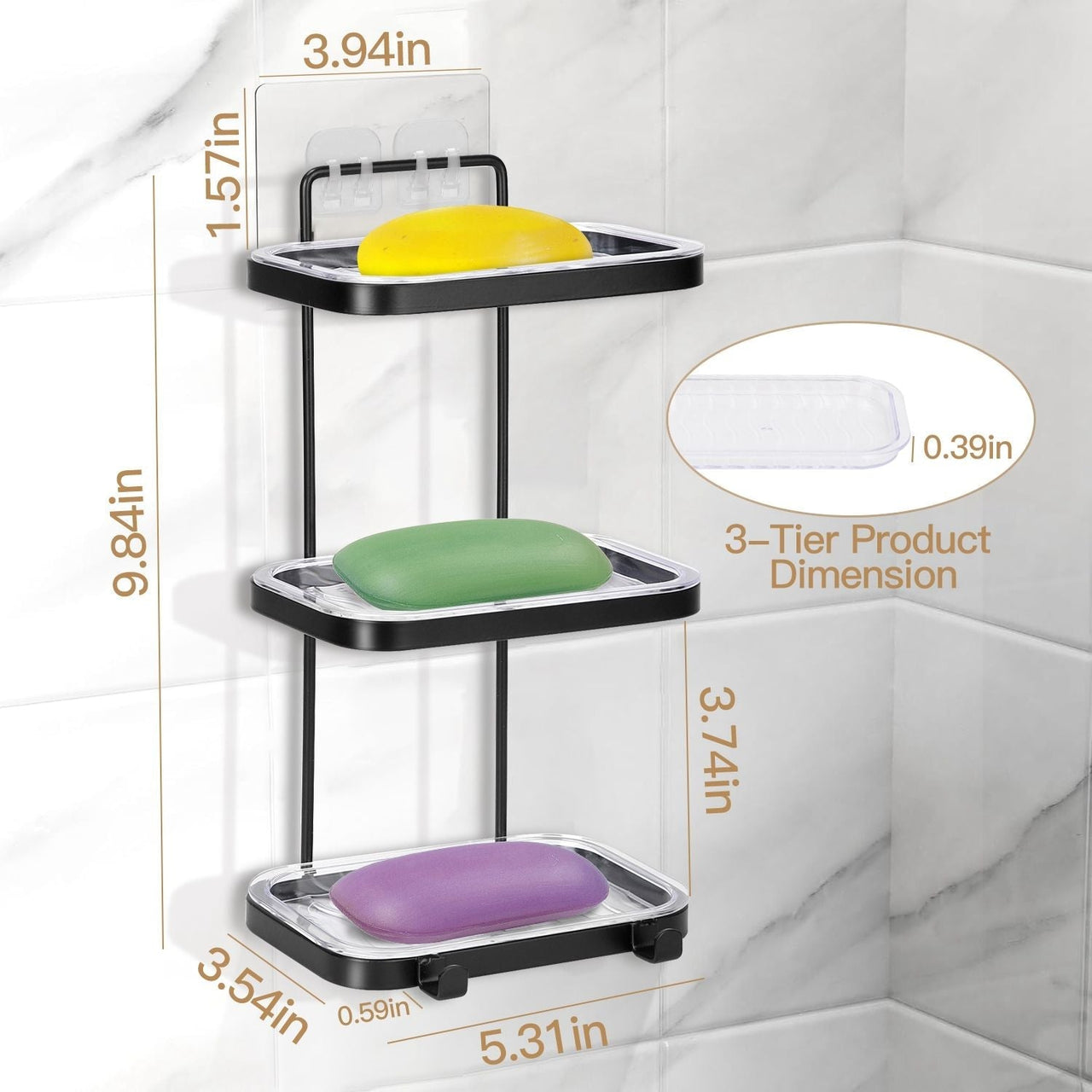 Soap Dish Soap Bar Holder Square Soap Rack Wall Mounted S Bar Shower Bathroom Self with 2 Hooks