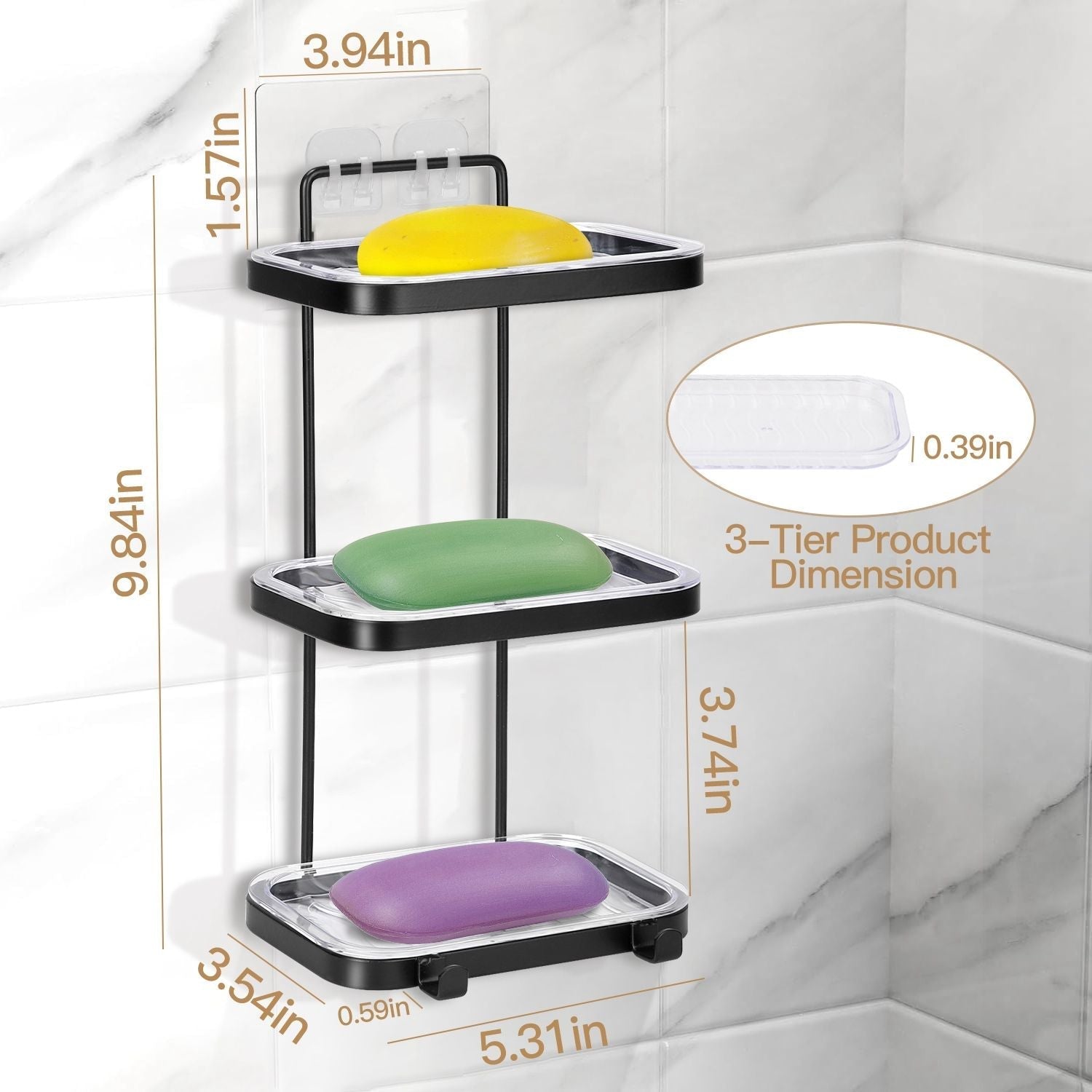 Soap Dish Soap Bar Holder Square Soap Rack Wall Mounted S Bar Shower Bathroom Self with 2 Hooks