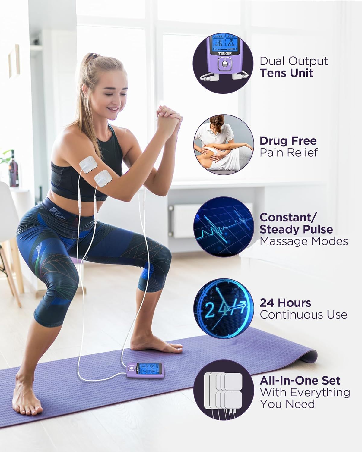 TENS Unit Muscle Stimulator, 24 Modes TENS EMS Machine for Pain Relief Therapy/Pain Management, Rechargeable Electronic Pulse Massager with 2