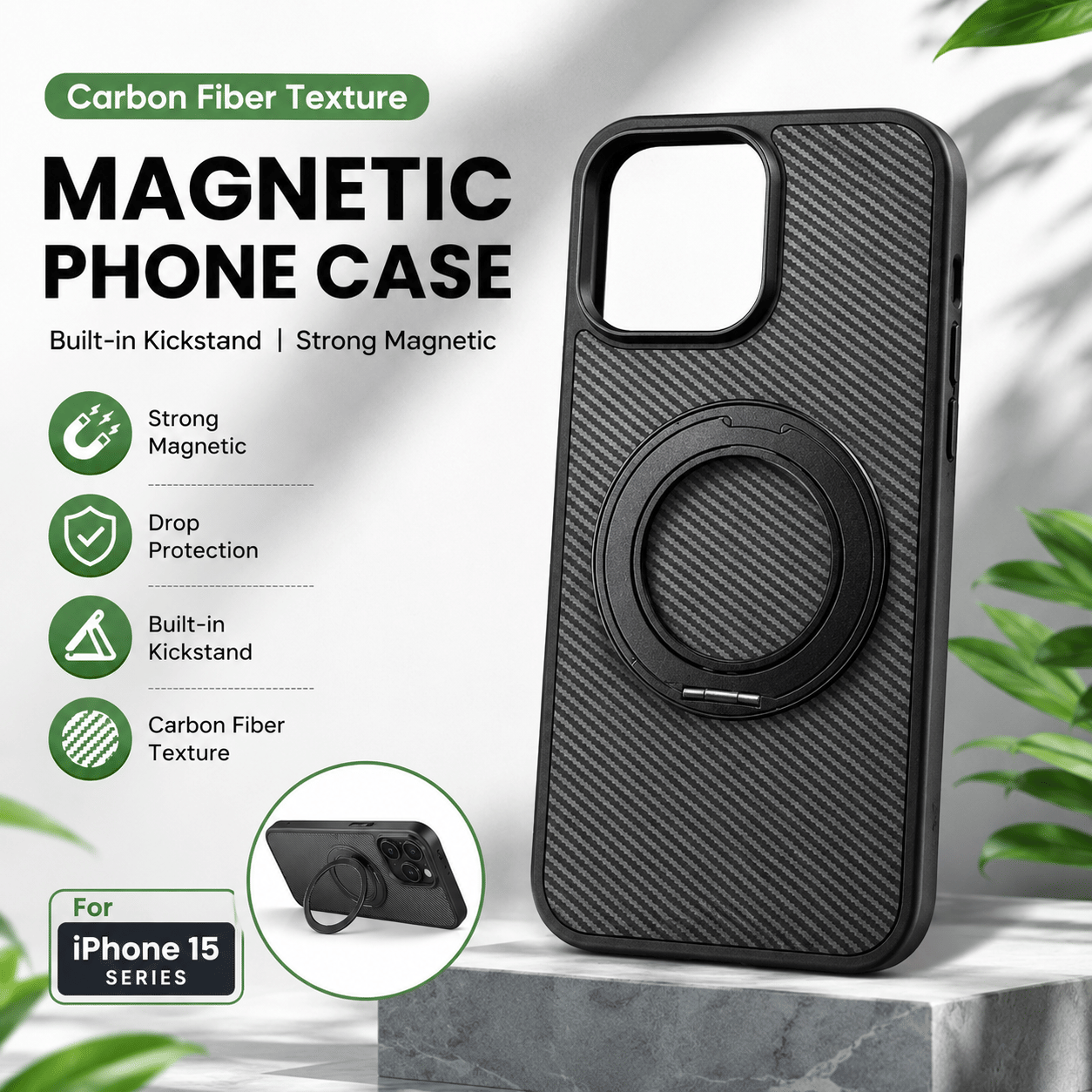 Magnetic Carbon Fiber Phone Case for iPhone 13 14 15 16 17 Series, Built-in Rotatable Kickstand Shockproof Protective Cover Compatible with MagSafe Wireless Charging
