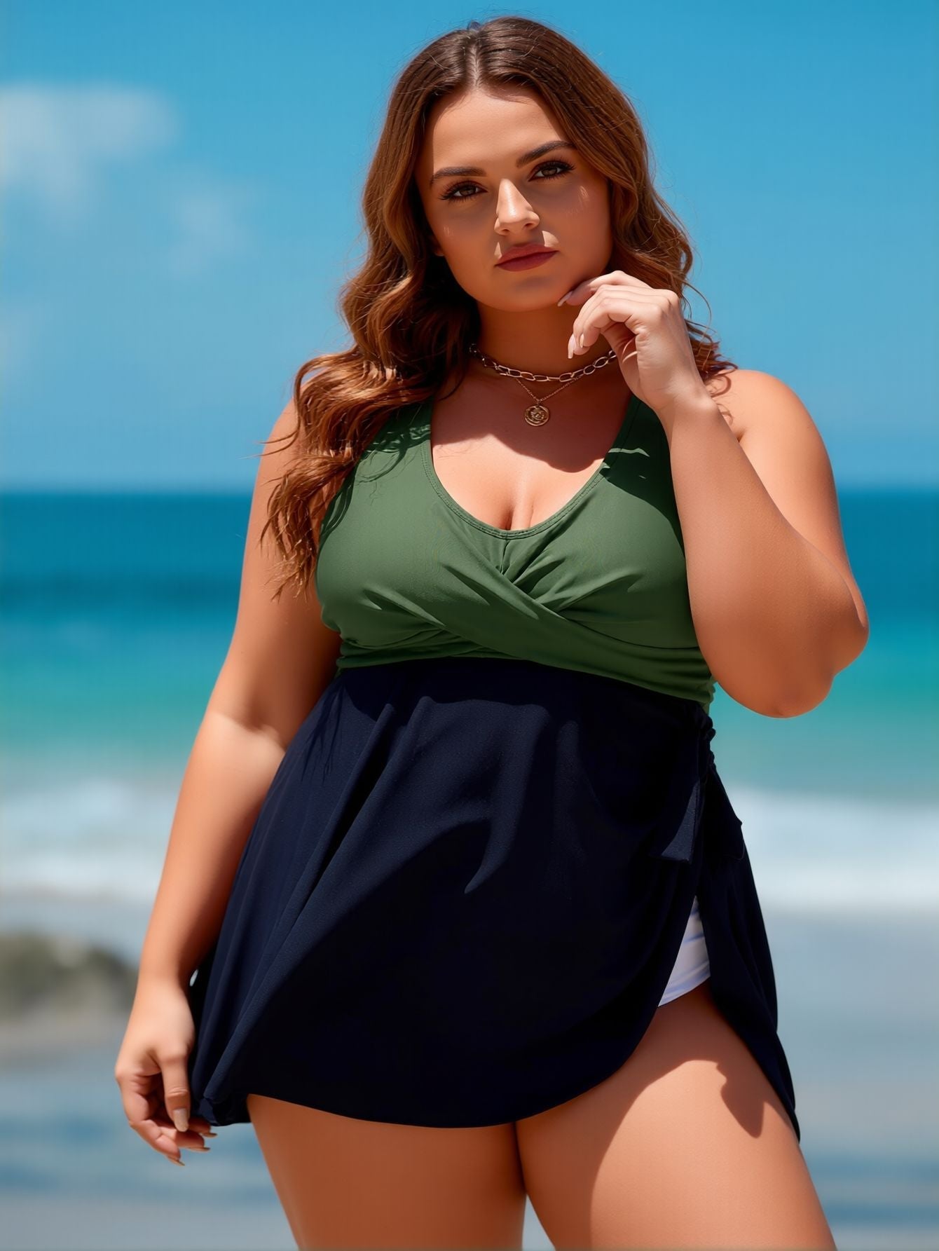 2026 New Women's Plus Size One-Piece Swimsuit Dress: Olive Green & Navy, Halter Neck, Wrap Skirt, Curvy-Friendly Beach Style