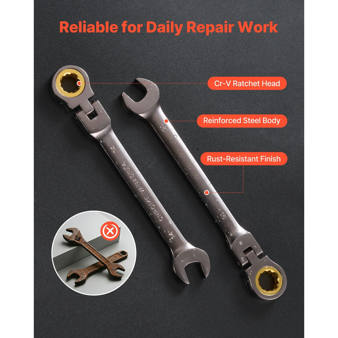 Flex-Head Ratcheting Wrench Set, 12-Piece Metric 8 mm to 19 mm, 72 Teeth, Cr-V Steel Ratchet Flexible Combination Wrench Set with Roll Up Pouch, for General Household and Automotive Repairs