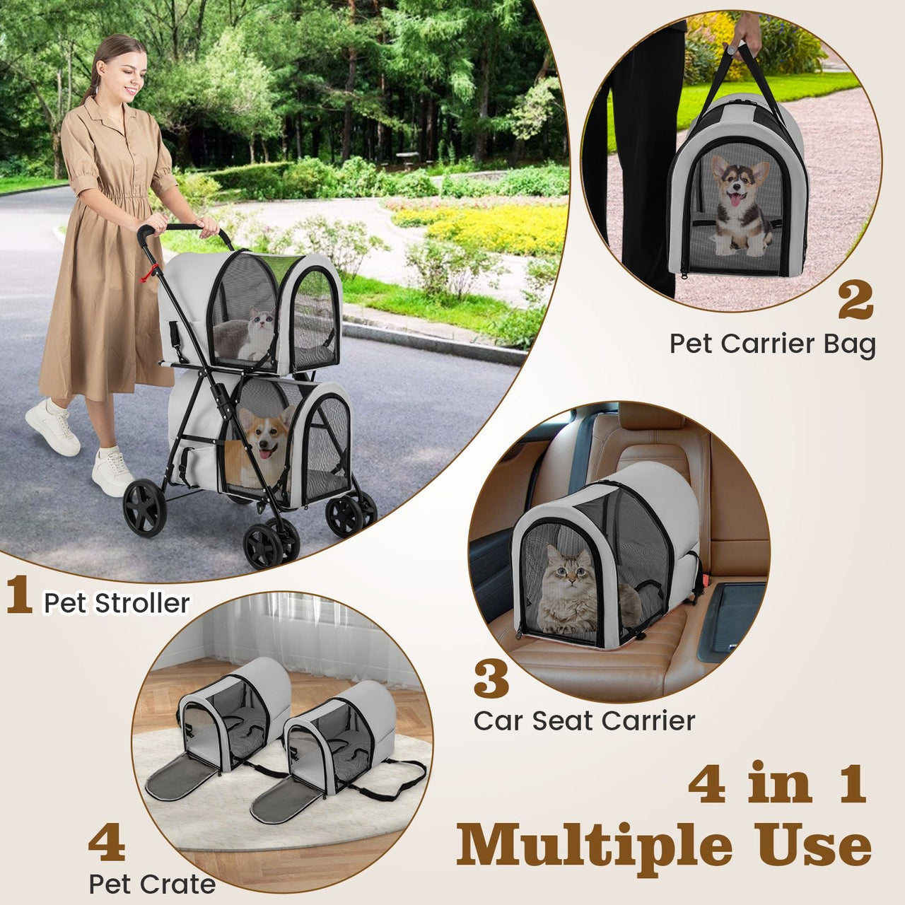 4-in-1 Double Pet Stroller with Detachable Carrier and Travel Carriage