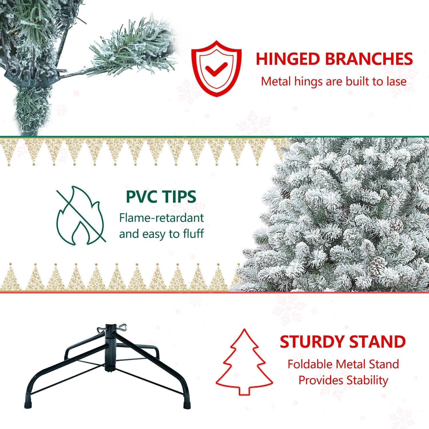 5ft Pvc Mixed Flocked Small XmasTree Pine Cone Hinged Automatic christmas Tree Artificial