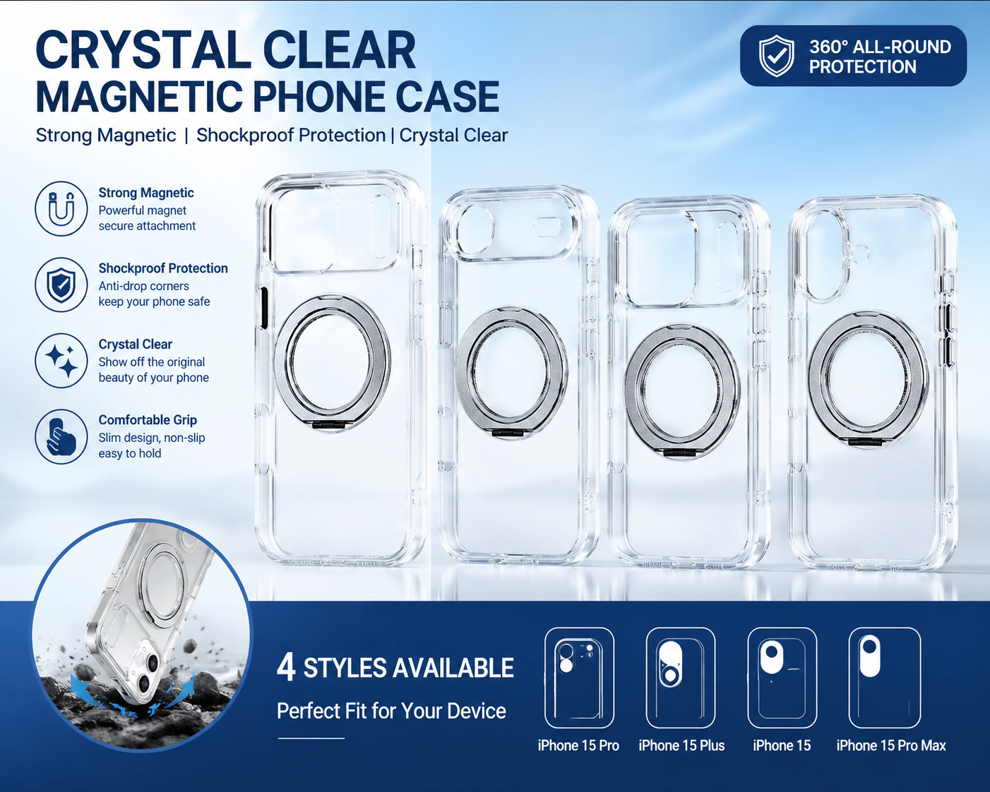 Transparent Magnetic Phone Case Compatible with iPhone 13-17 AIR, 360° Rotating Ring Holder, Anti-Yellow & Shockproof Protective Case, Works with Magnetic Accessories