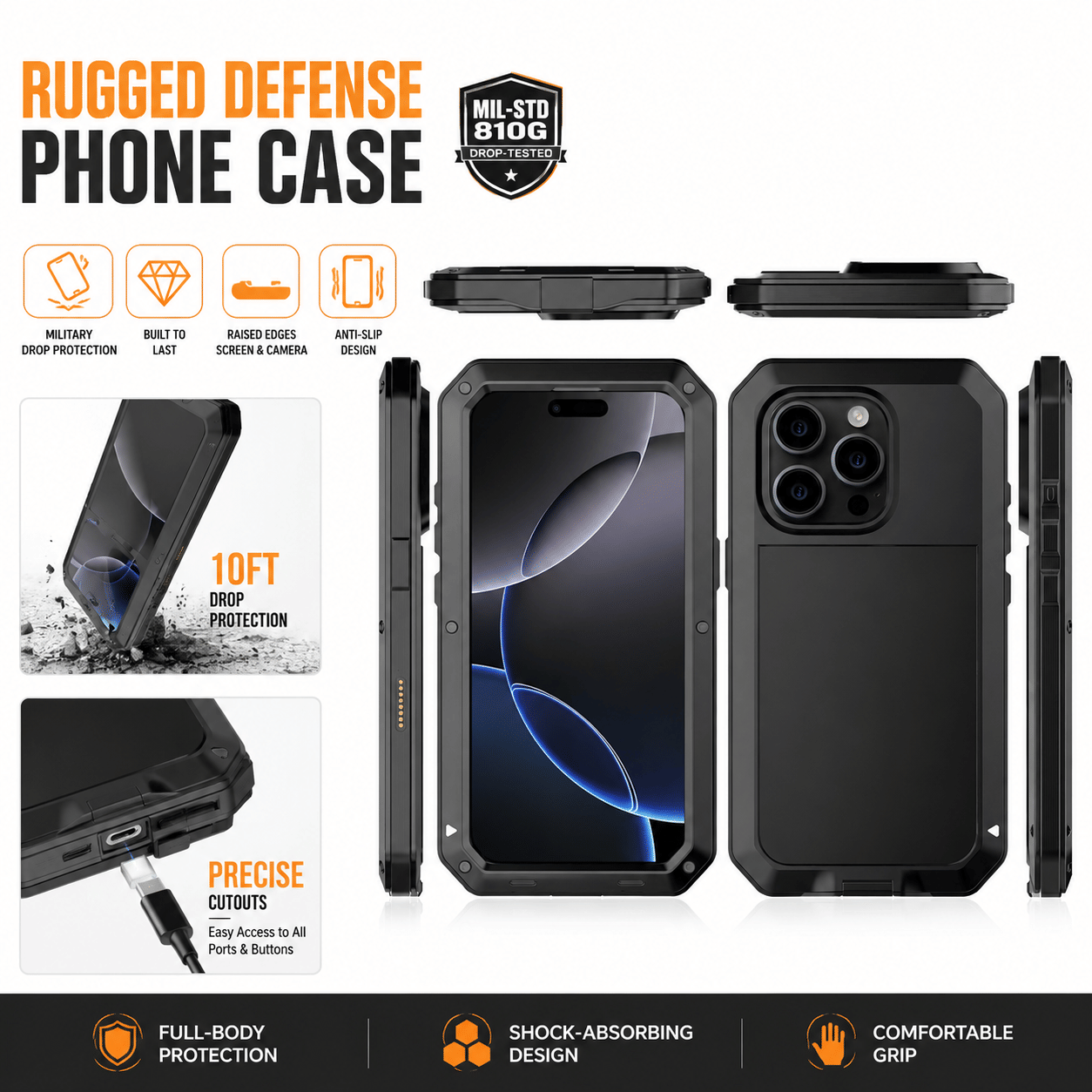 Rugged Shockproof Phone Case for iPhone 11/12/13/14/15/16 Plus - Military Grade 10FT Drop Protection Heavy Duty Full-Body Protective Cover with Raised Screen & Camera Edges, Anti-Slip Grip
