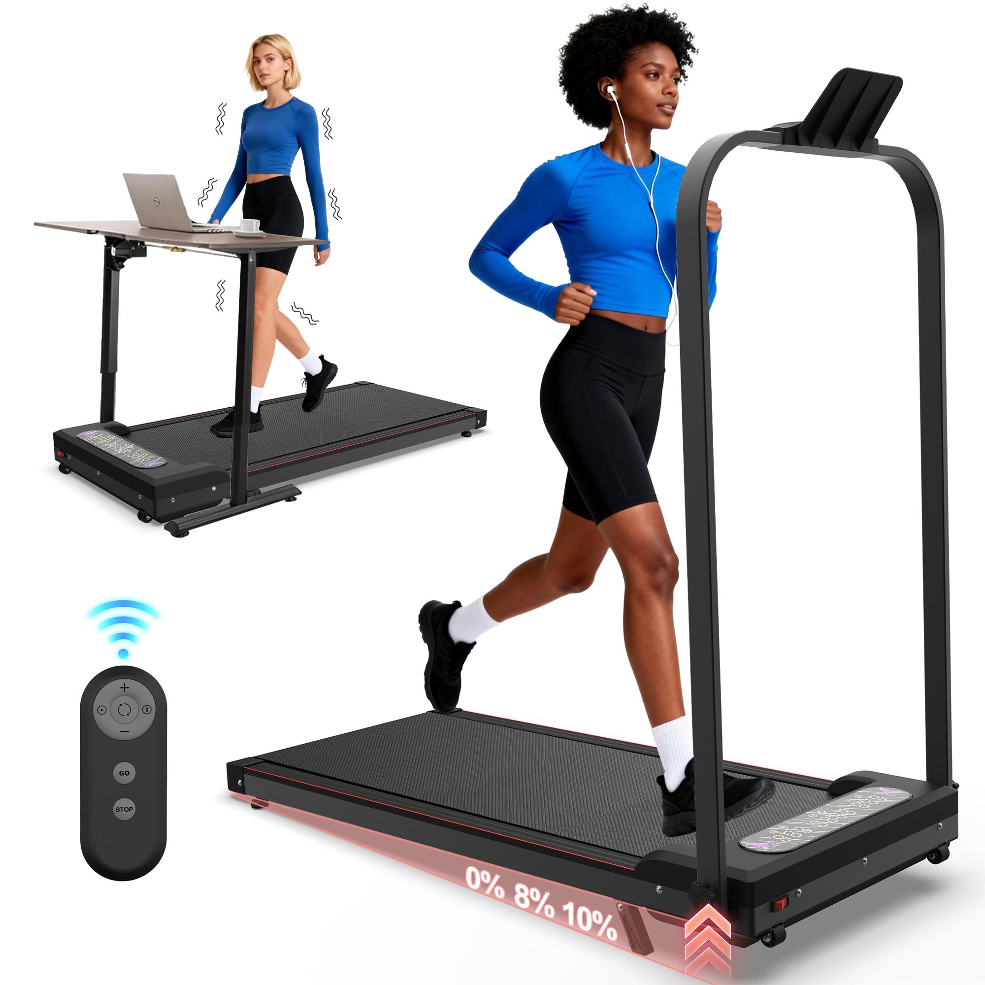 Foldable Treadmill with Handle Bar & Incline, 2 in 1 Upgrade Portable Under Desk Walking Pad and Vibration Pad with Remote Control for Home Office Small Spaces