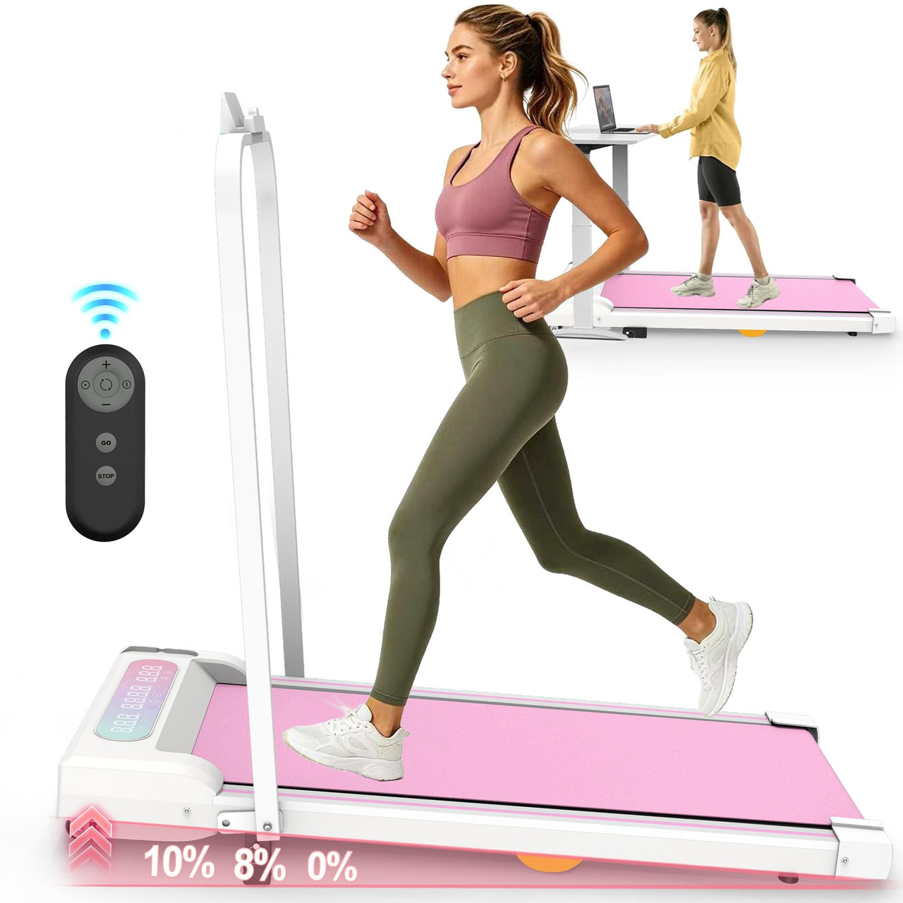 Under Desk Treadmill with Incline, Walking Pad, 2 in 1 Portable Treadmill with Handle Remote Control LED Display, Walking Jogging Machine for Home Office Use Pink