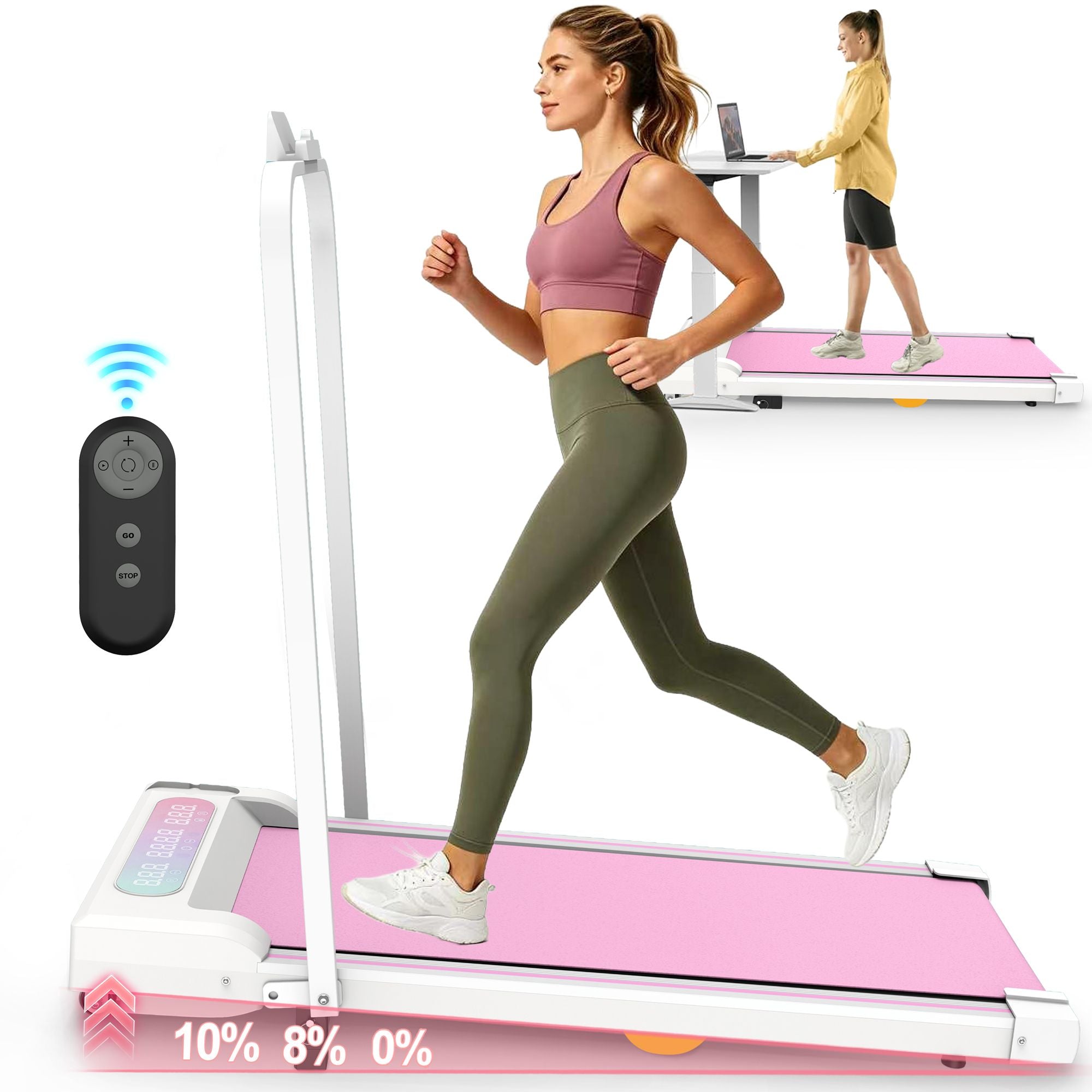 Under Desk Treadmill with Incline, Walking Pad, 2 in 1 Portable Treadmill with Handle Remote Control LED Display, Walking Jogging Machine for Home Office Use Pink
