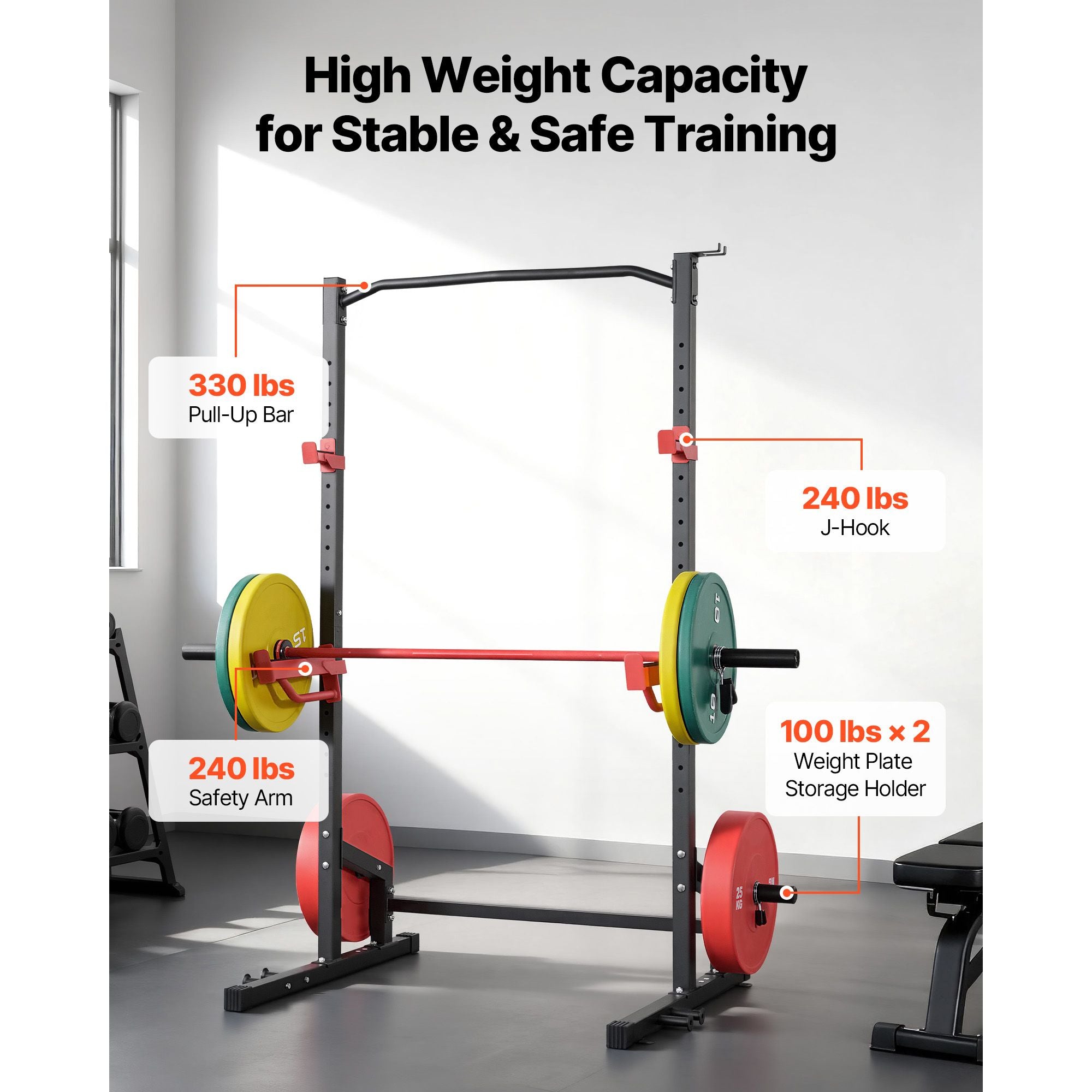 Power Cage Squat Rack, Multifunctional Power Rack Home Gym, 1000LBS Strength Training Workout Equipment with 4 Band Pegs, Adjustable J-Hooks & Safety Bars for Barbell Squat Bench Press Pull-Up