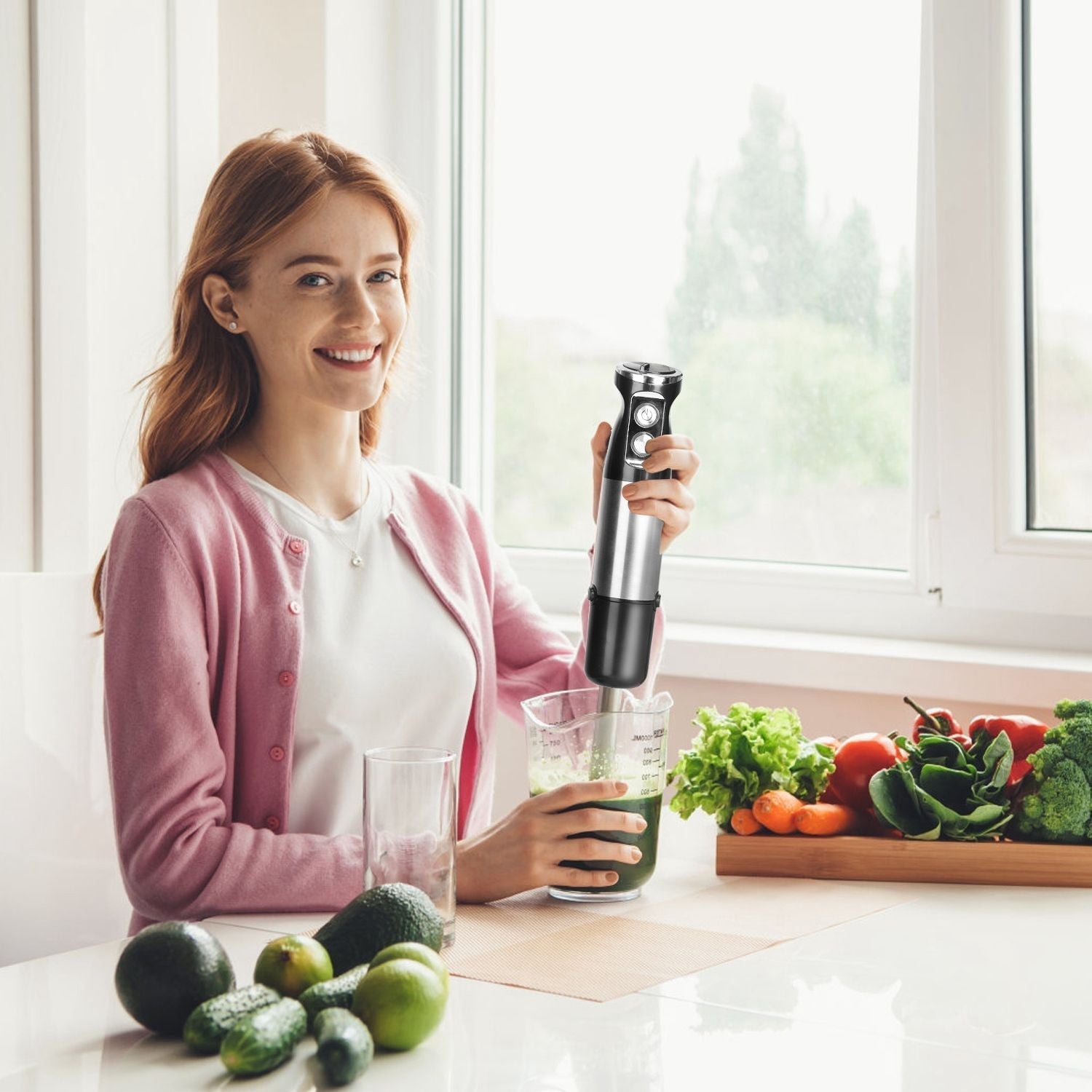 1000W 5 In 1 Immersion Hand Blender Stainless Steel Hand Mixer with 12 Speeds Turbo Mode Food Processor with 20Oz Beaker 17Oz Chopper Whisk Milk Frother