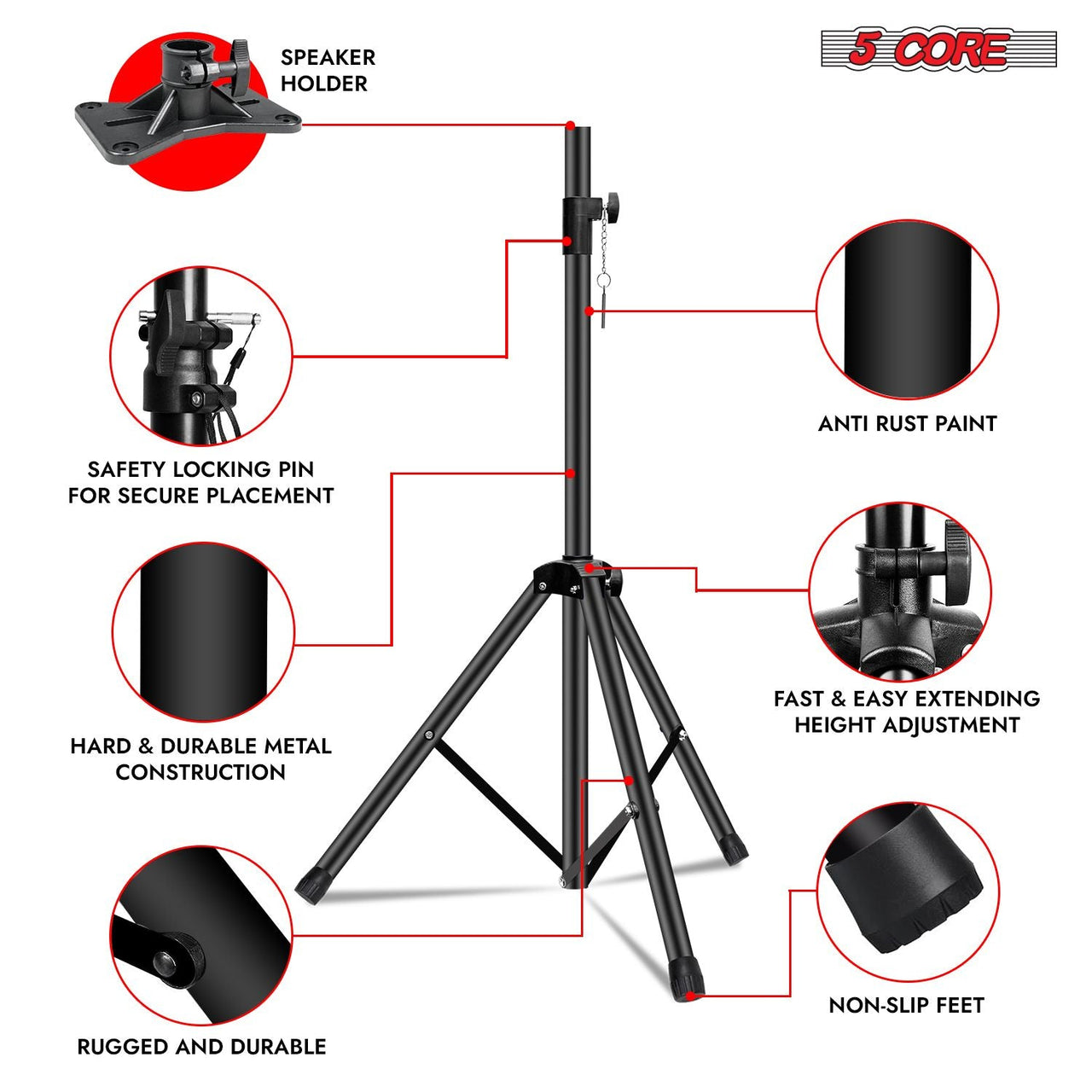 5 Core Speaker Stand Height Adjustable PA DJ Tripod Studio Monitor Stands w 35mm Compatible Insert - SS ECO 1PK BLK WoB