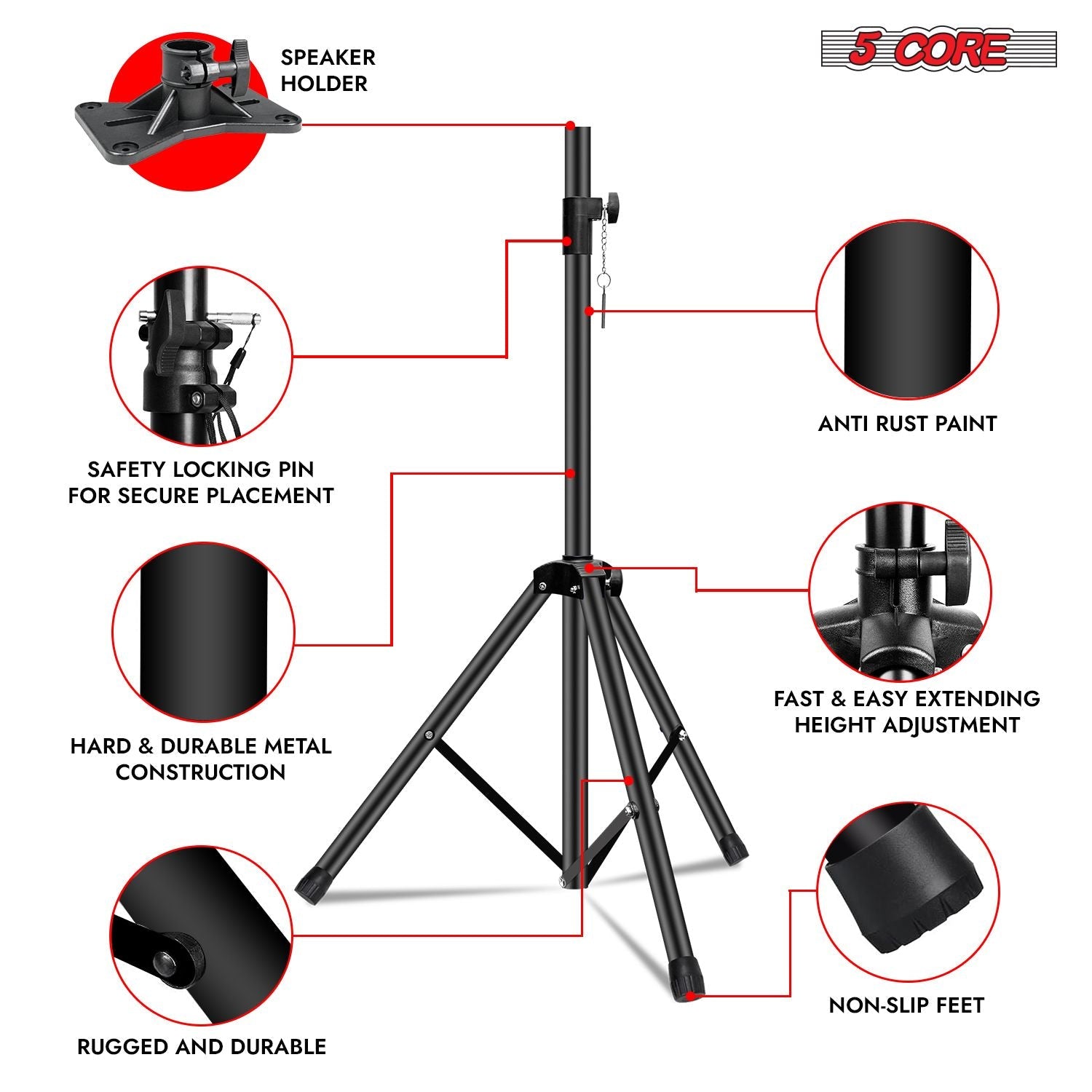 5 Core Speaker Stand Height Adjustable PA DJ Tripod Studio Monitor Stands w 35mm Compatible Insert - SS ECO 1PK BLK WoB