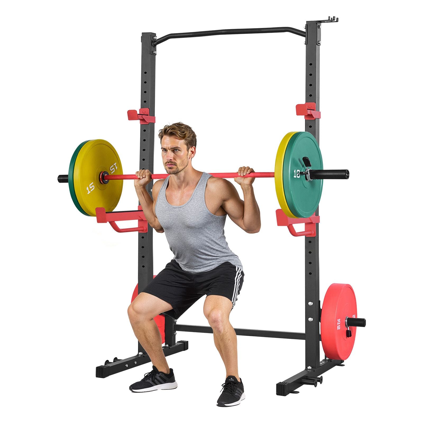 Power Cage Squat Rack, Multifunctional Power Rack Home Gym, 1000LBS Strength Training Workout Equipment with 4 Band Pegs, Adjustable J-Hooks & Safety Bars for Barbell Squat Bench Press Pull-Up