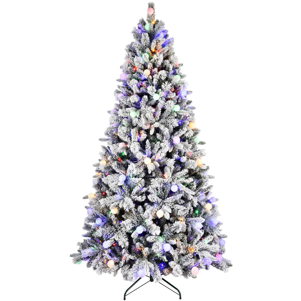 7.5FT Prelit Artificial Flocked Christmas Tree with 400 Multi-Color LED Lights, Full Hinged Pine Xmas Tree with 1523 PE & PVC Mixed Branch Tips, Metal Stand and Hinged Branches, 10 Colors
