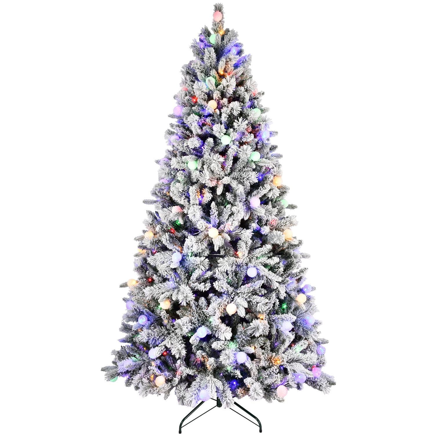 7.5FT Prelit Artificial Flocked Christmas Tree with 400 Multi-Color LED Lights, Full Hinged Pine Xmas Tree with 1523 PE & PVC Mixed Branch Tips, Metal Stand and Hinged Branches, 10 Colors