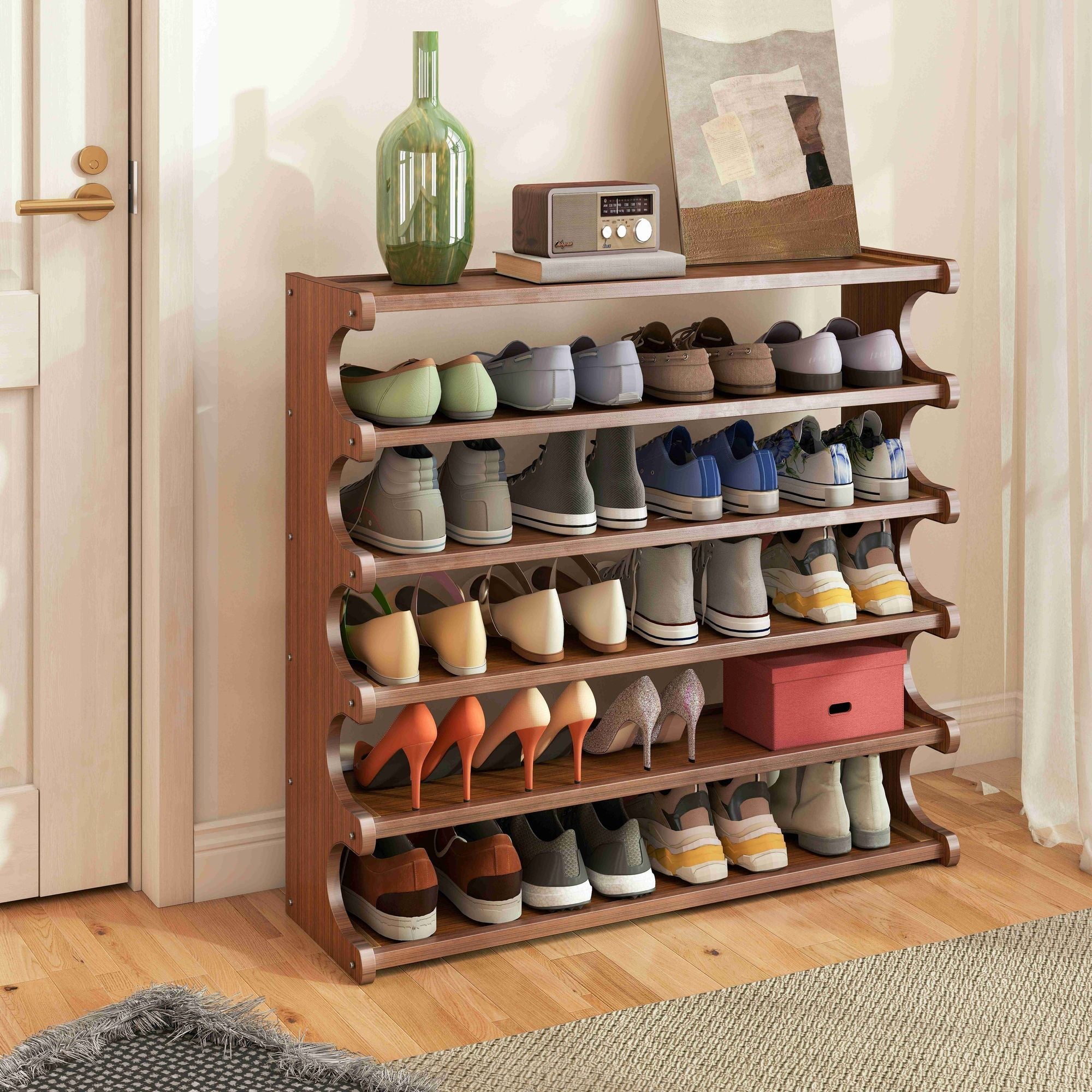 5/6-layer practical storage rack, shoe rack, space-saving design, multi-layer independent storage rack, wood grain finish, easy to assemble, self-supporting cubic shoe storage rack, storage rack, suit