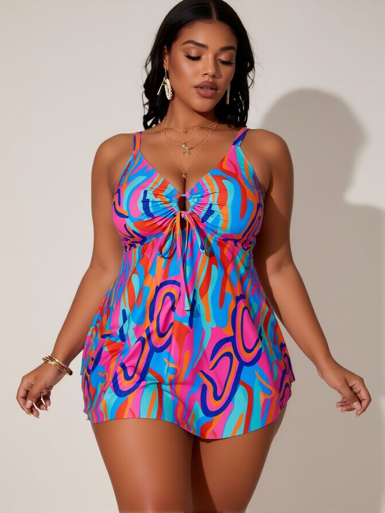 2026 New Plus Size Swim Dress: Vibrant Abstract Print, V-Neck, Tie Front Cutout, Curvy Beach Style