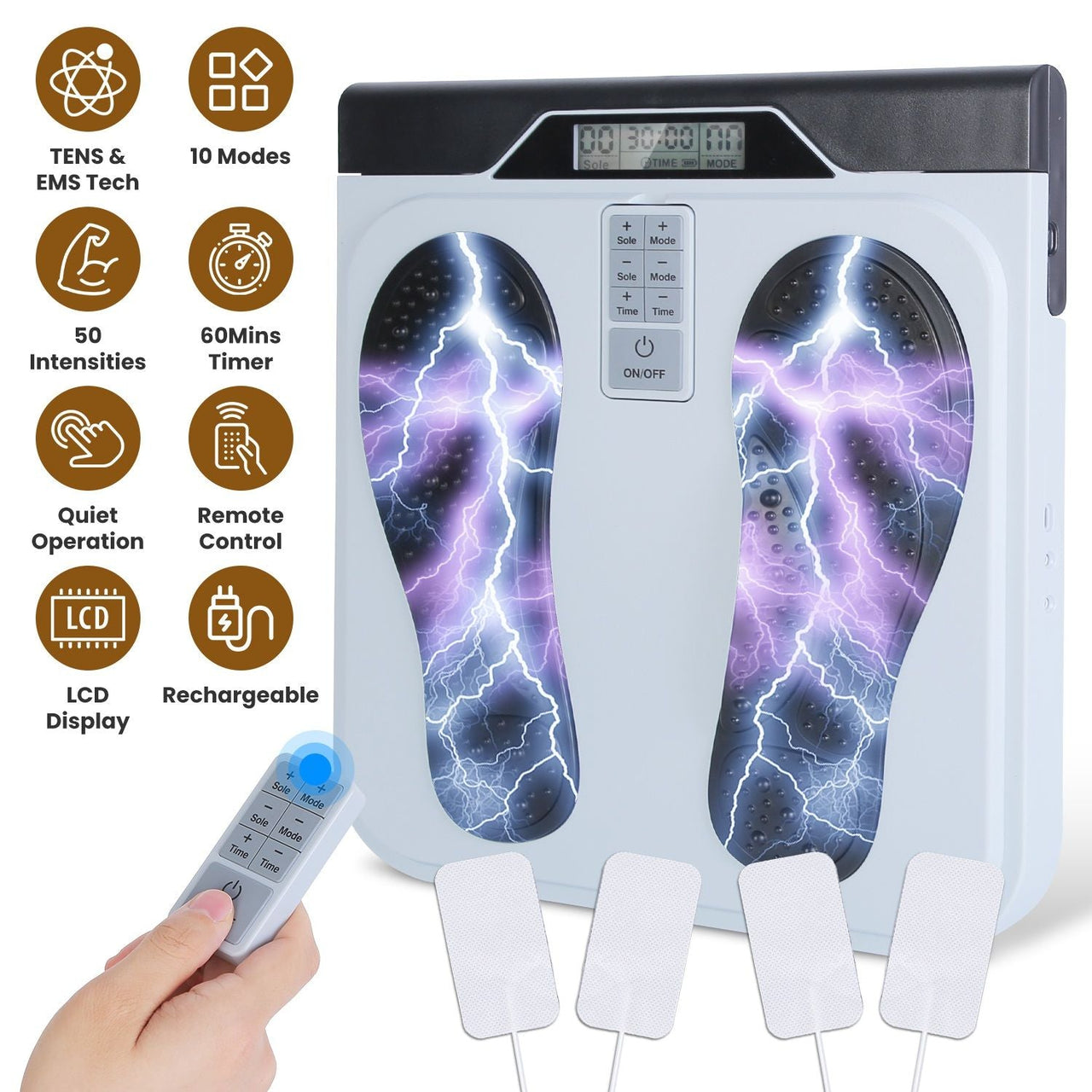 1Pc Rechargeable EMS Foot Massager for Neuropathy TENS Stimulator With 10Modes 50Intensities Remote Control For Muscle Relaxation Cramps Circulation Gift For Dad Mom