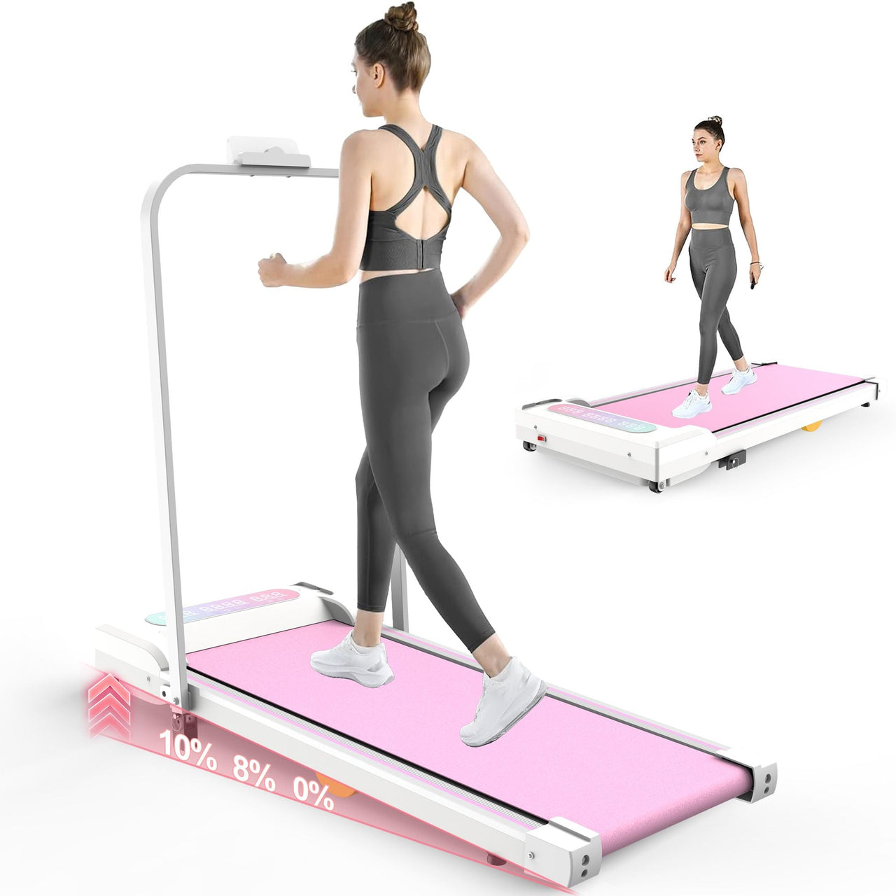 Under Desk Treadmill with Incline, Walking Pad, 2 in 1 Portable Treadmill with Handle Remote Control LED Display, Walking Jogging Machine for Home Office Use Pink