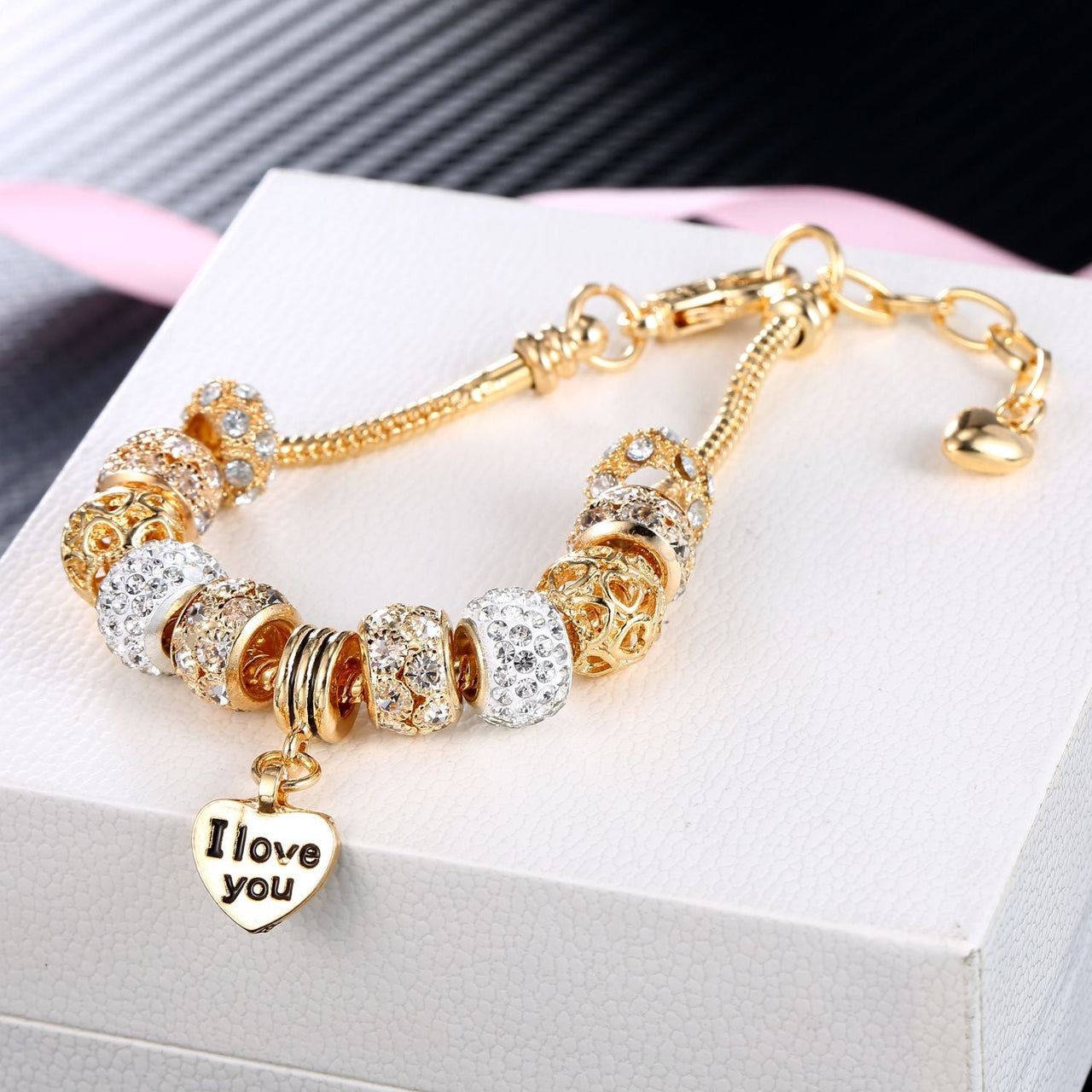 Heart Charm Bracelet with Extender Gold Plated Snake Chain Bracelets CZ Crystal Beads Charms Bracelets