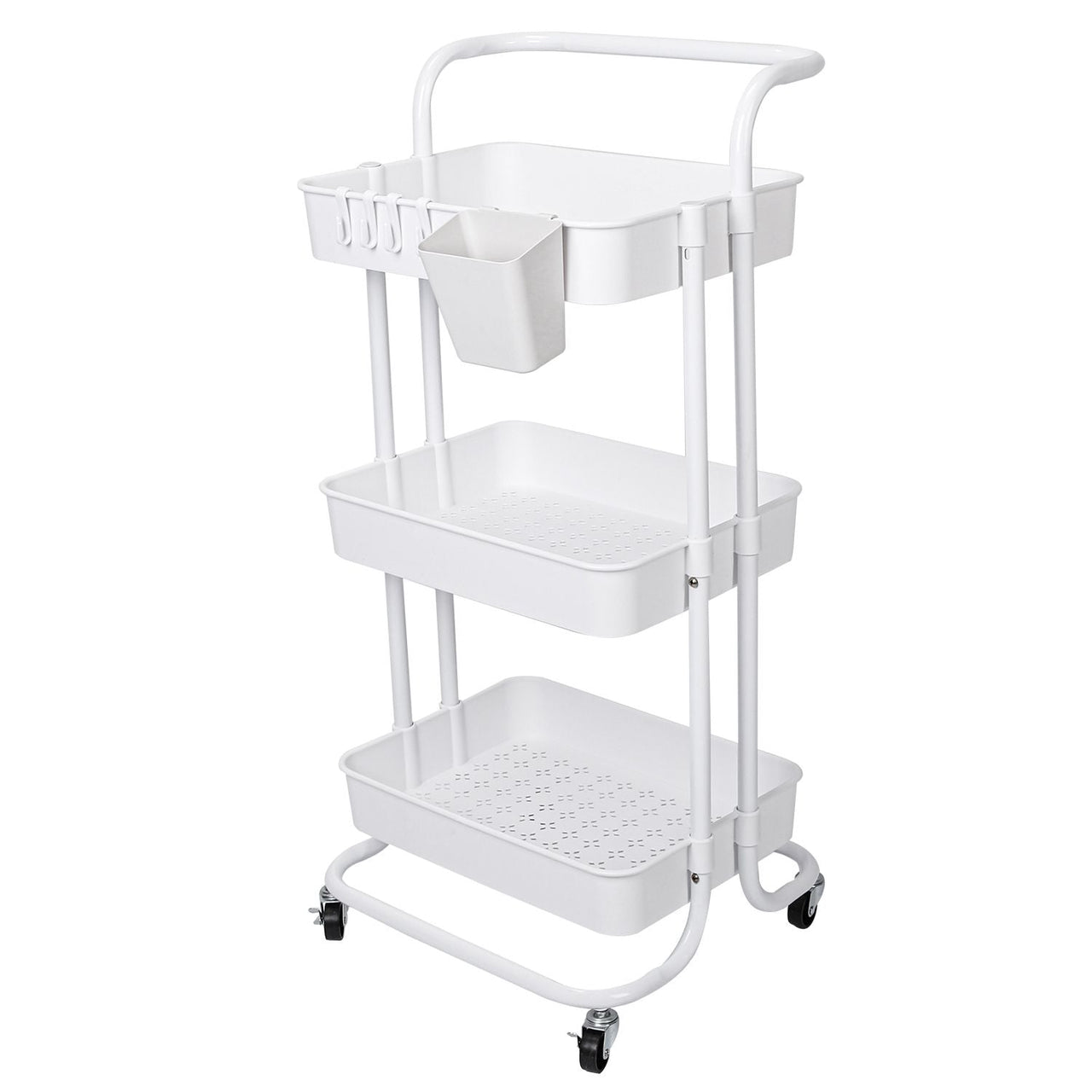 3 Tier Rolling Utility Cart Movable Storage Organizer with Mesh Baskets Lockable Wheels 360 Degree Rotatable Hanging Box Hooks Bedroom Bathroom Kitchen