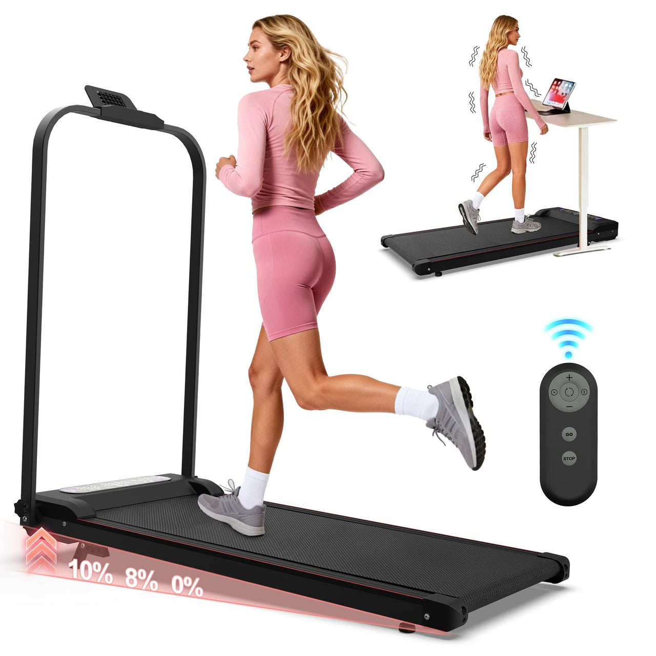 Foldable Treadmill with Handle Bar & Incline, 2 in 1 Upgrade Portable Under Desk Walking Pad and Vibration Pad with Remote Control for Home Office Small Spaces