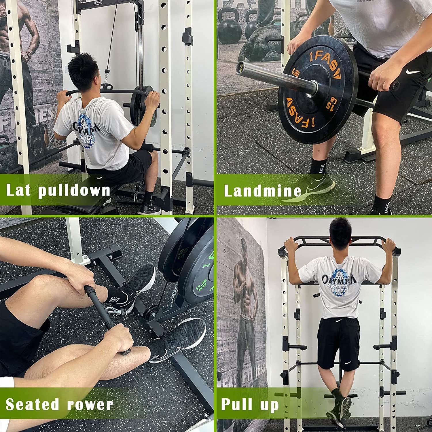 100lb Green Home Gym Set Multi-functional Power Cage, Home Adjustable Pullup Squat Rack 1000Lbs Capacity Comprehensive Fitness Barbell Rack