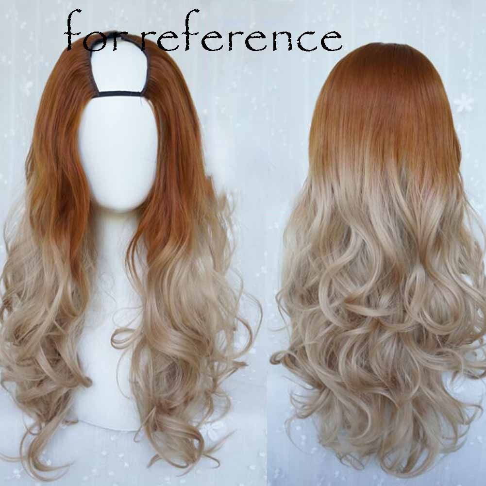 Honey Brown Light Gold 65 cm U Shape 2 Tone Long Curly Hair Wig Cosplay Full Wig Halloween Dress Up