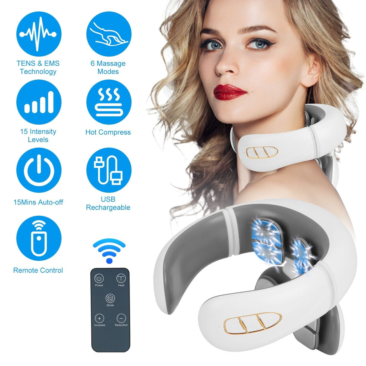 Electric Cervical Neck Massager with Hot Compress, 6 Modes 20 Levels Cordless Neck Pain Relief8-Head Electric Neck Massager with Heat, Cordless Portable Neck Massage Device with Auto Off