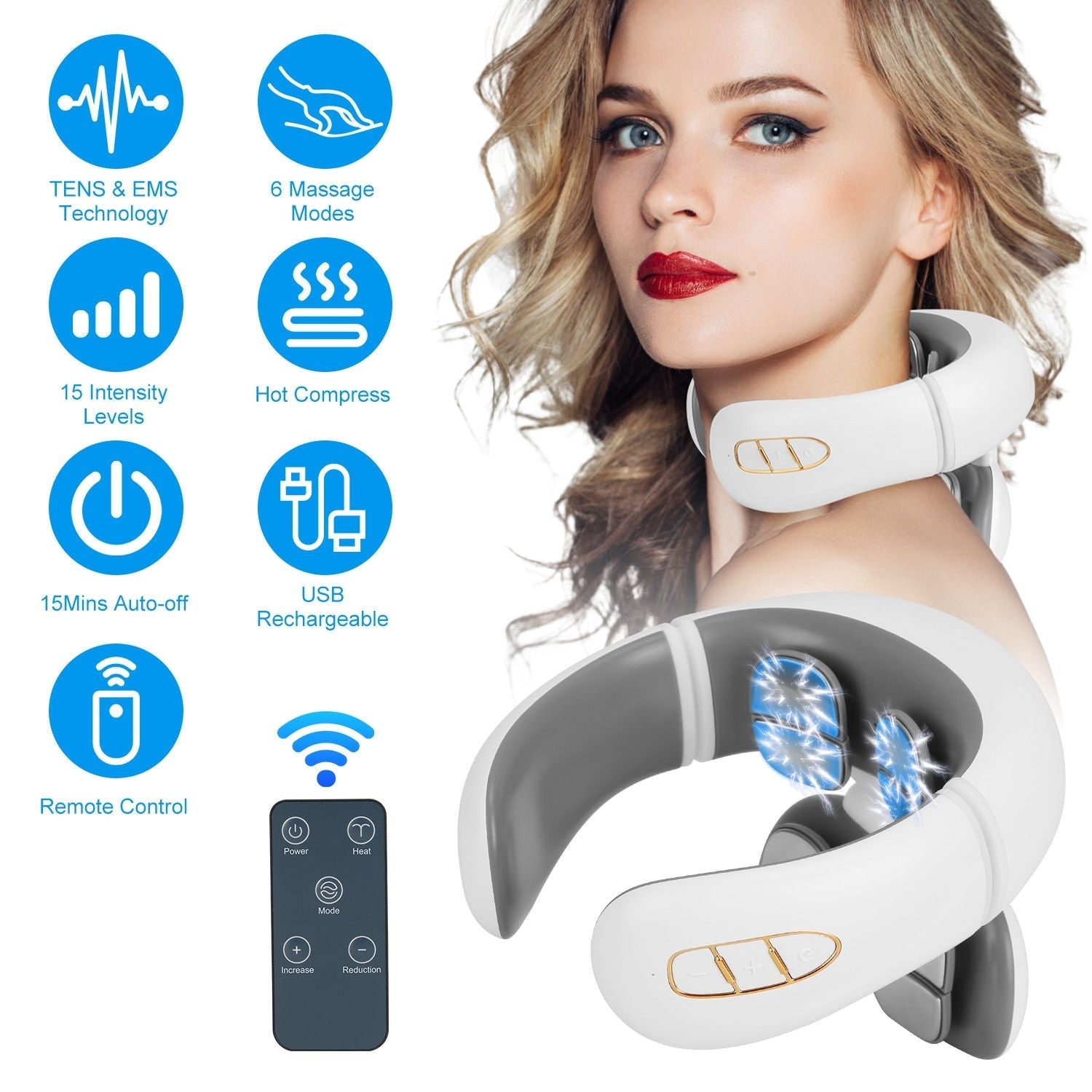 Electric Cervical Neck Massager with Hot Compress, 6 Modes 20 Levels Cordless Neck Pain Relief8-Head Electric Neck Massager with Heat, Cordless Portable Neck Massage Device with Auto Off