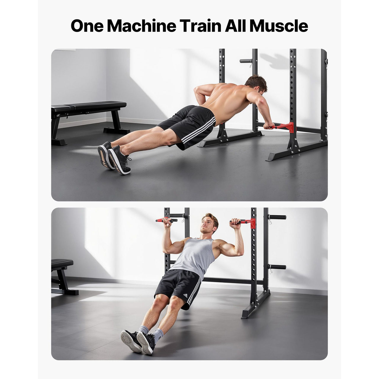 Power Cage Power Rack, Multifunctional Barbell Squat Rack with Adjustable Height, Home Gym Strength Training Workout Equipment with J-Hooks & More Fitness Attachment for Bench Press Pull-Up Dips