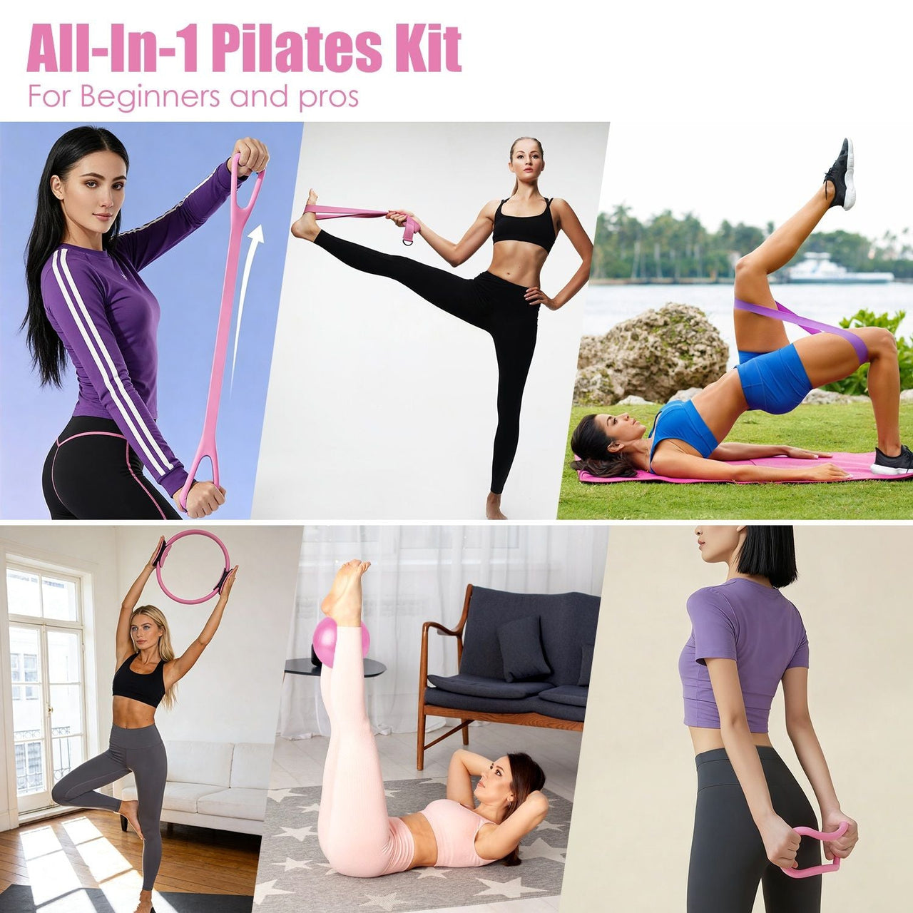 14Pcs Pilates Ring Essentials Kit For Women with Yoga Ball Arm Stretcher 5 Resistant Bands Figure 8 Resistant Band Elastic Band Non-slip Socks Yoga Strap