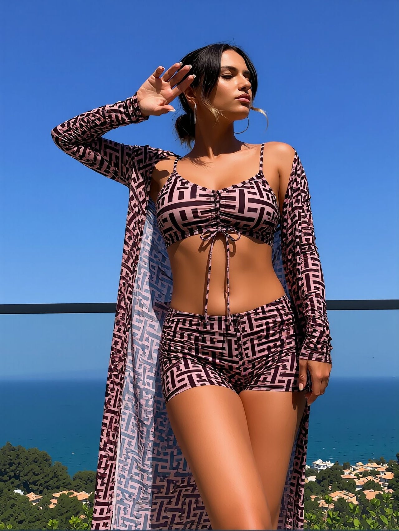 Brown Lattice Print Swimwear Set, Ruched Front Bikini Top with Shorts and Sheer Kimono, Quick-Dry Resort Wear