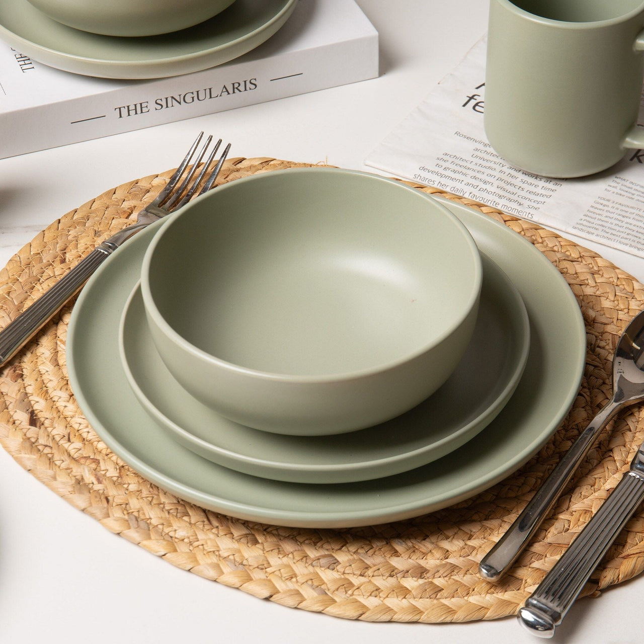 12-Piece Stoneware Dinner Plates Bowls Sets | Microwave & Dishwasher Safe | Non-Toxic Dinner Plates Bowls Set | Stackable Matte Glaze Kitchenware for 4