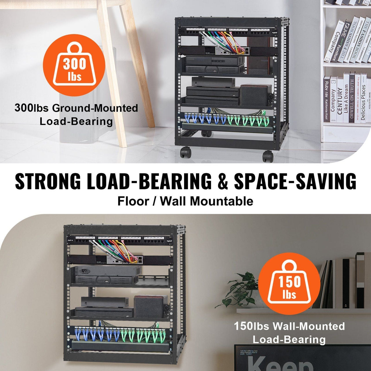 12U Open Frame Server Rack, 23-40 in Adjustable Depth, Free Standing or Wall Mount Network Server Rack, 4 Post AV Rack with Casters, Holds All Your Networking IT Equipment AV Gear Router Modem