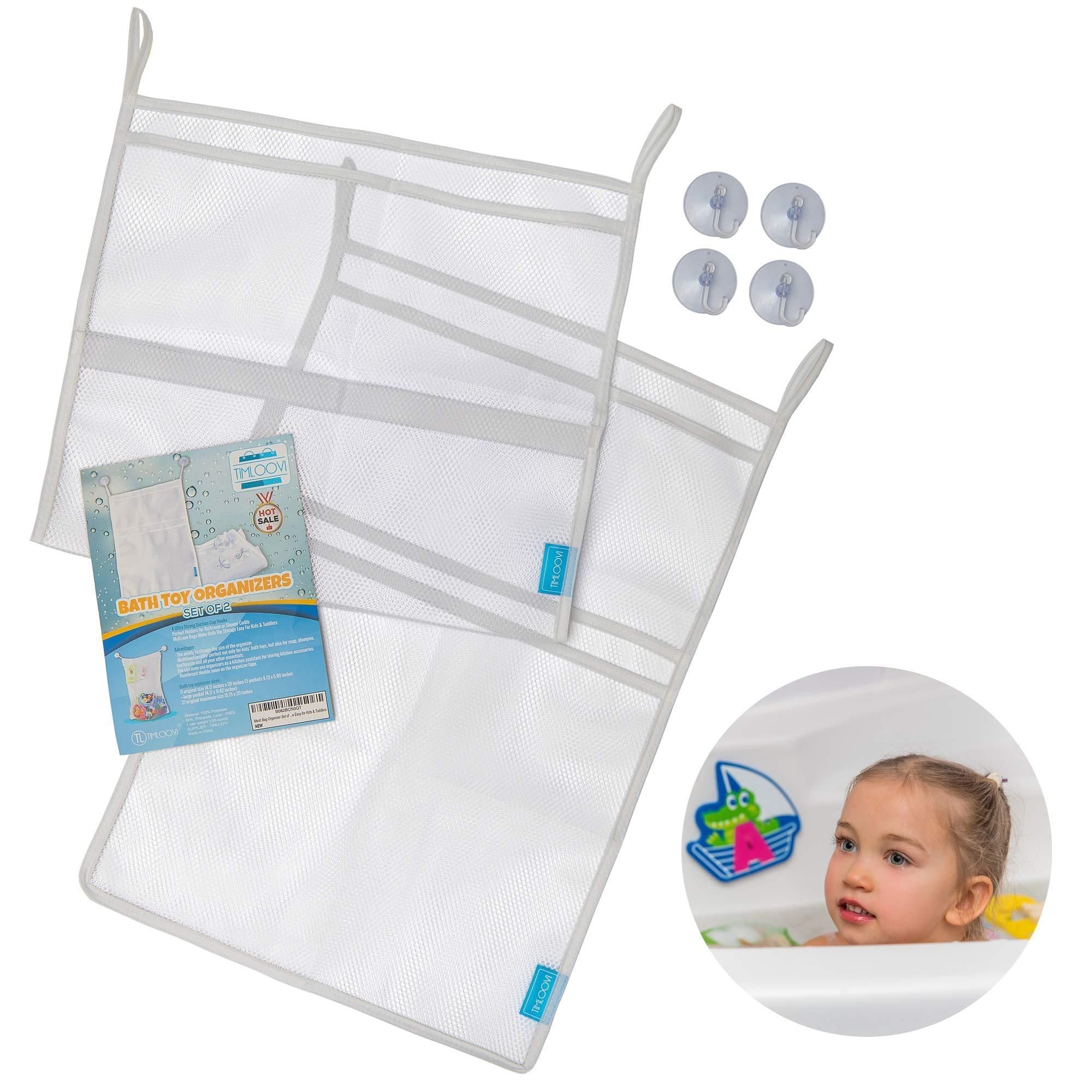 Bath Toy Organisers Set of 2 Large Size 14.16 x 19.67 in and 15.75 x 19.68 in Storage Net Bags for Baby Bathtub Toys 4 Strong Suction Cups Bathroom Shower Caddy Holder Multi Use for Kids Toddlers