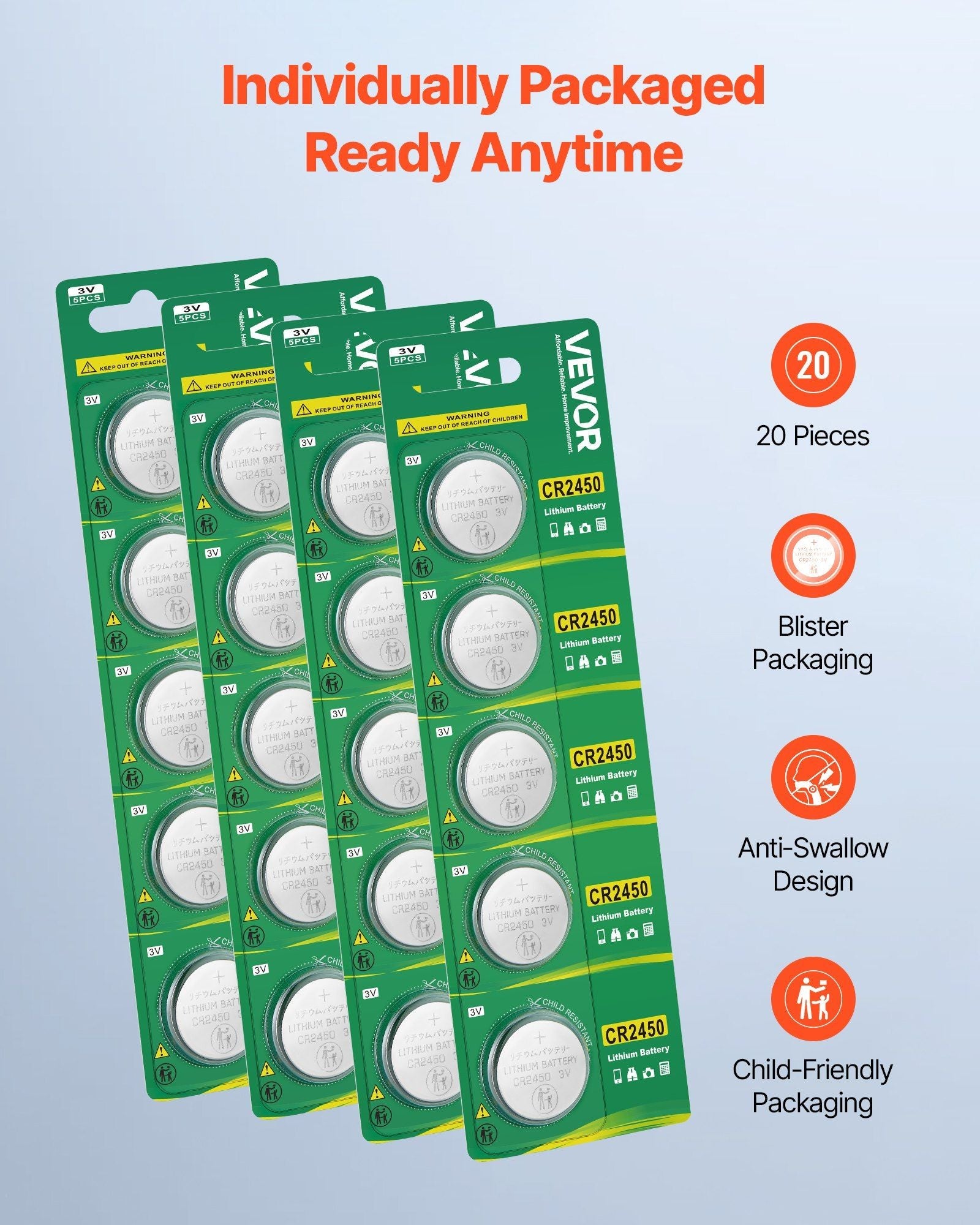 VEVOR CR2450 Lithium Battery, 20 Count (Pack of 4) Lithium Coin Battery, Non-Mercury and Anti-Swallow Designed, Long Lasting 3V CR 2450 Cell Batteries, for Key Fobs, Glucometers, and Other Devices