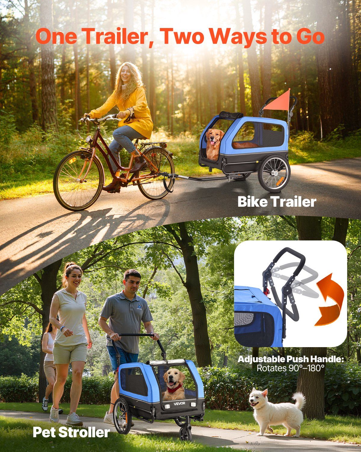 Dog Bike Trailer, Supports up to 88 lbs, 2-in-1 Pet Stroller Cart Bicycle Carrier for Small & Large Dogs, Easy Folding Frame with Quick Release Wheel, Universal Bicycle Coupler, Internal Leash