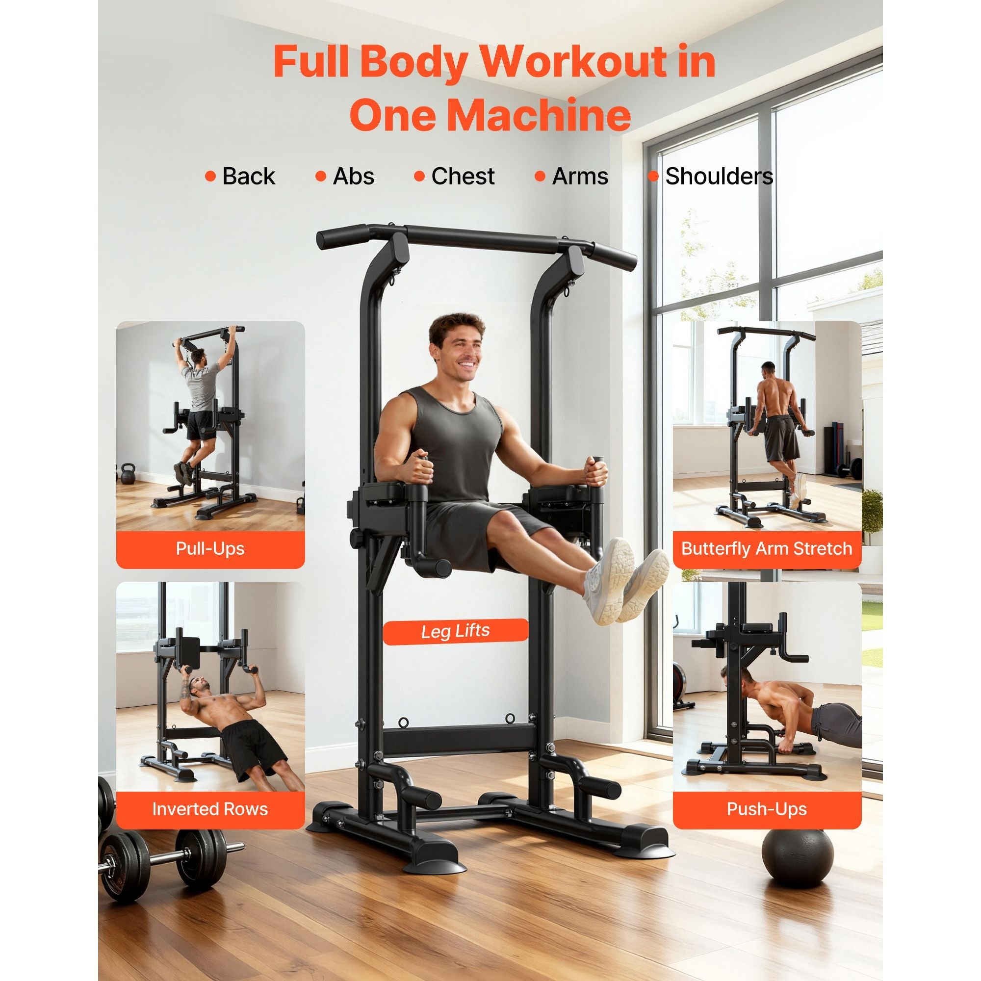 Pull Up Bar, 330 LBS Power Tower Dip Station, Workout Dip Station with H-Shaped Stable Base & Back Pad, Adjustable 12 Level Height Free Standing Chin Up Bar for Back, 4-Level Adjustable Back Pad