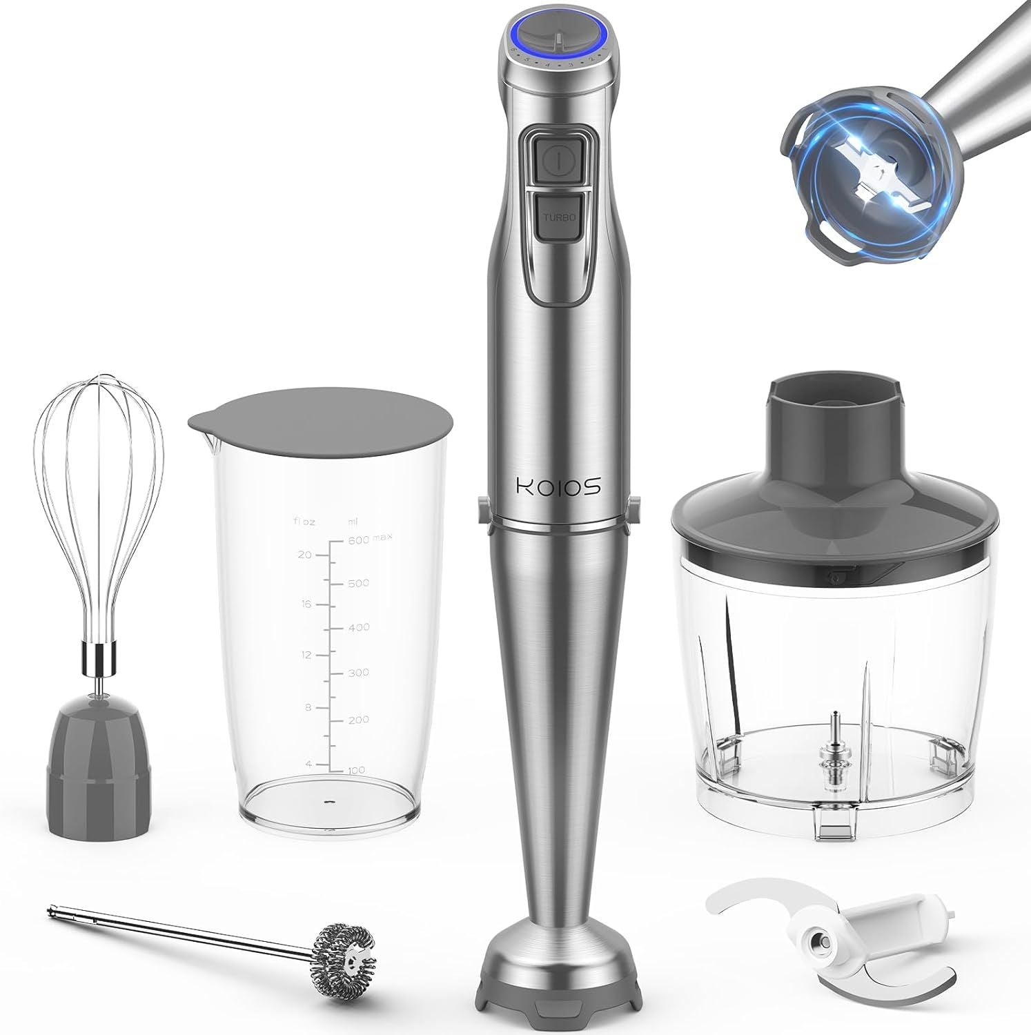 KOIOS 1100W Immersion Hand Blender, Stainless Steel Stick Blender with 12-Speed & Turbo Mode, 5-in-1 Handheld Blender with 600ml Mixing Beaker with Lid, 500ml Chopper, Whisk, Milk Frother, B PA-F ree