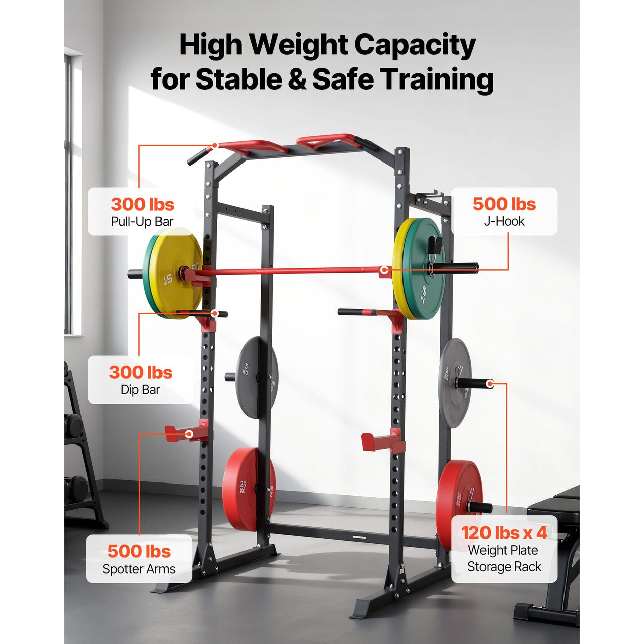Power Cage Power Rack, Multifunctional Barbell Squat Rack with Adjustable Height, Home Gym Strength Training Workout Equipment with J-Hooks & More Fitness Attachment for Bench Press Pull-Up Dips