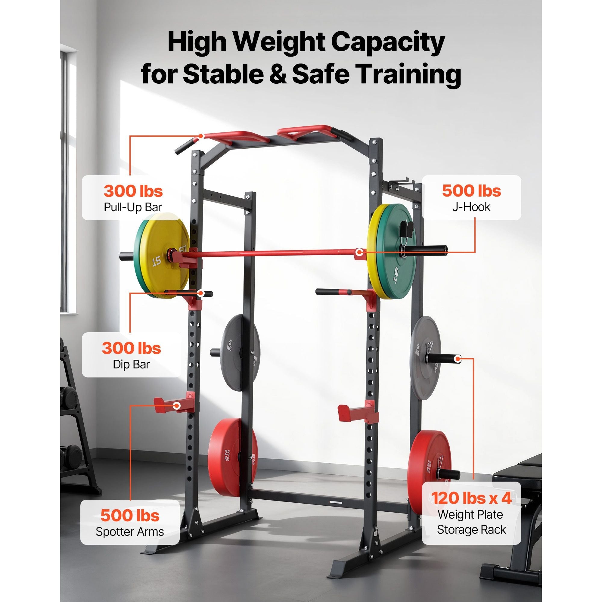 Power Cage Power Rack, Multifunctional Barbell Squat Rack with Adjustable Height, Home Gym Strength Training Workout Equipment with J-Hooks & More Fitness Attachment for Bench Press Pull-Up Dips