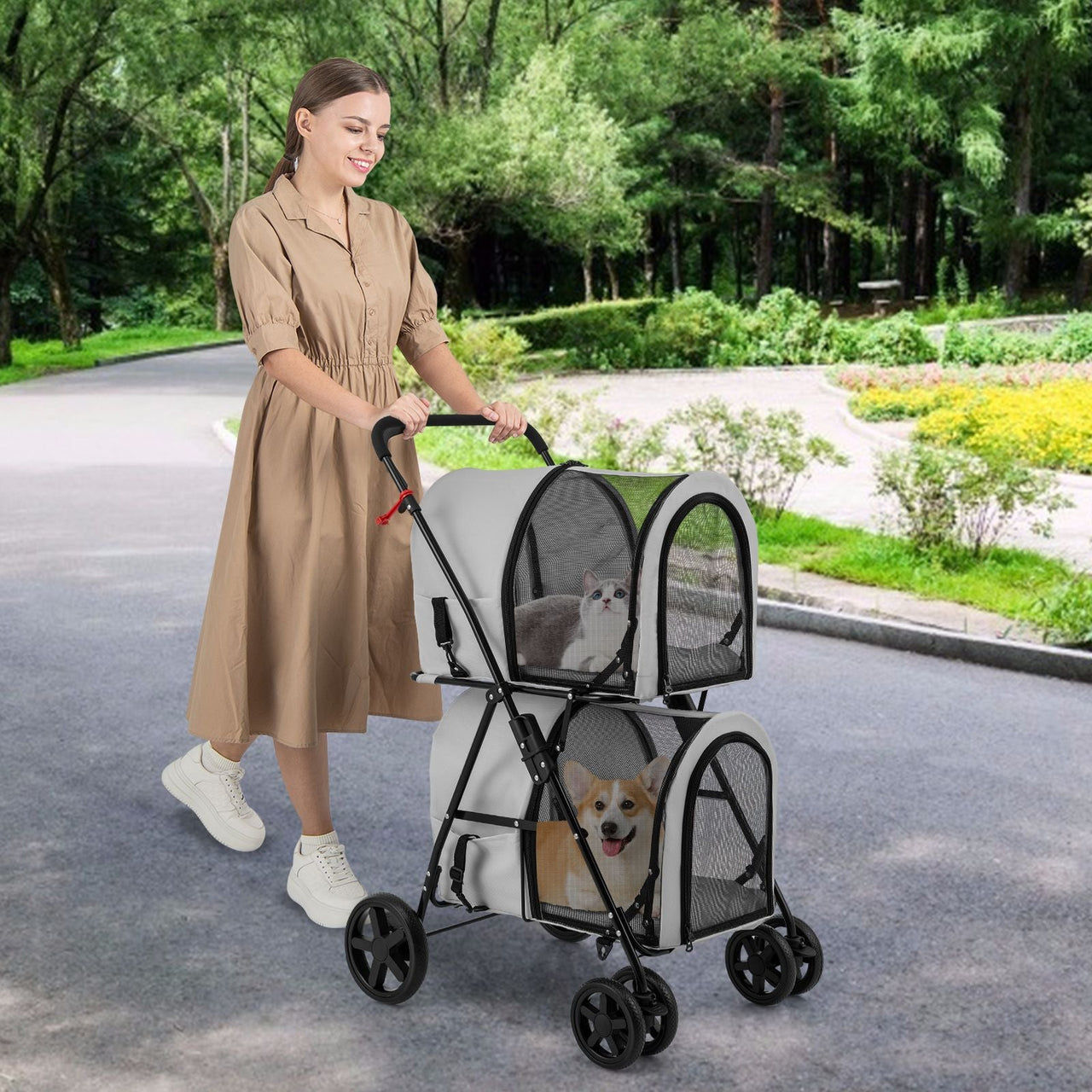 4-in-1 Double Pet Stroller with Detachable Carrier and Travel Carriage