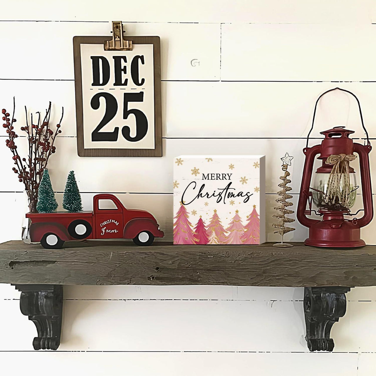 Christmas Decor Red Truck Christmas Wooden Box Signs Buffalo Plaid Christmas Decorations Christmas Decor for Home Office Bedroom Fireplace Car Tiered Tray Decor Christmas Gifts for Women 5x5