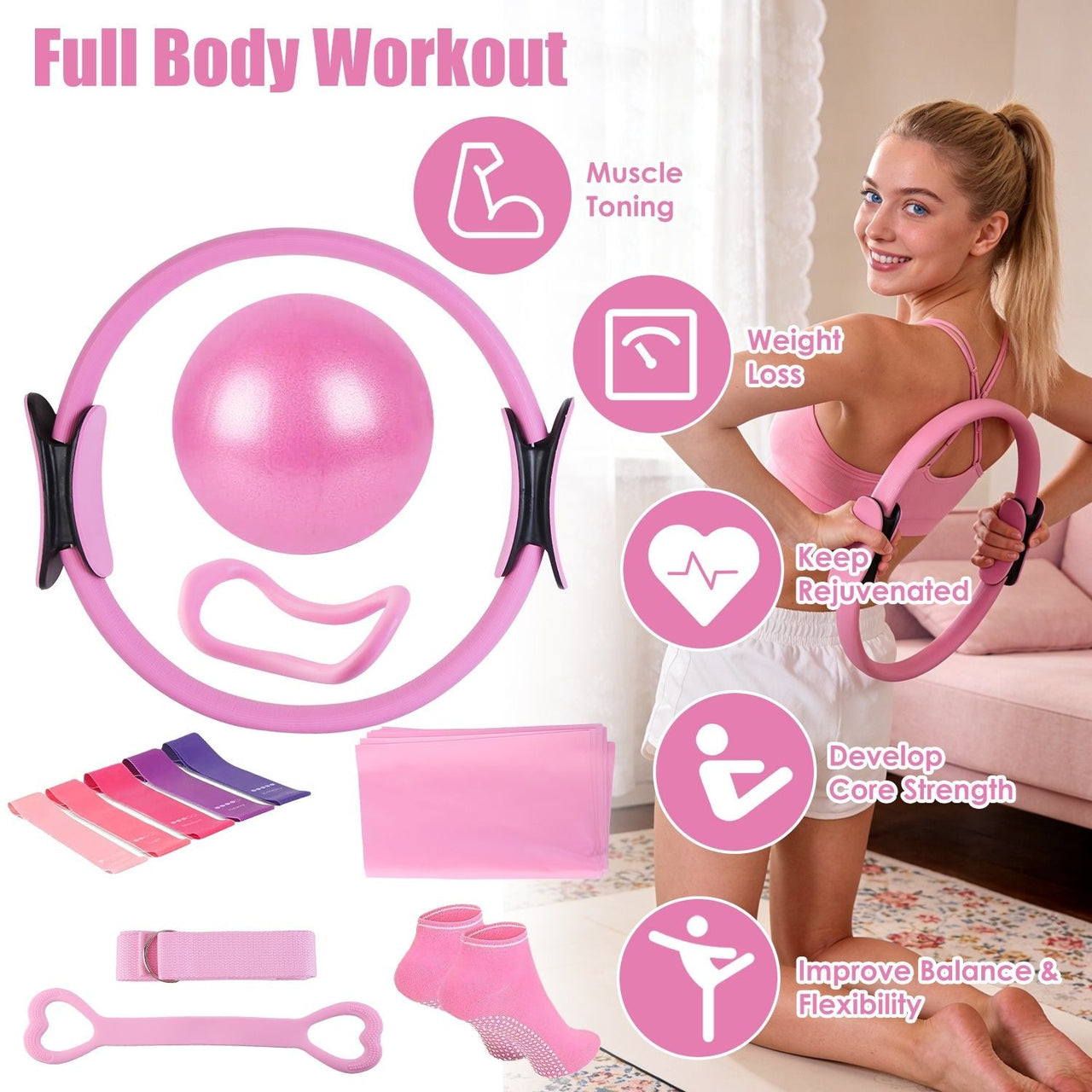 14Pcs Pilates Ring Essentials Kit For Women with Yoga Ball Arm Stretcher 5 Resistant Bands Figure 8 Resistant Band Elastic Band Non-slip Socks Yoga Strap