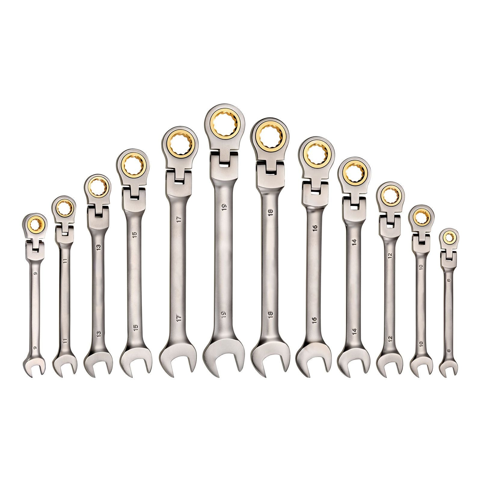Flex-Head Ratcheting Wrench Set, 12-Piece Metric 8 mm to 19 mm, 72 Teeth, Cr-V Steel Ratchet Flexible Combination Wrench Set with Roll Up Pouch, for General Household and Automotive Repairs