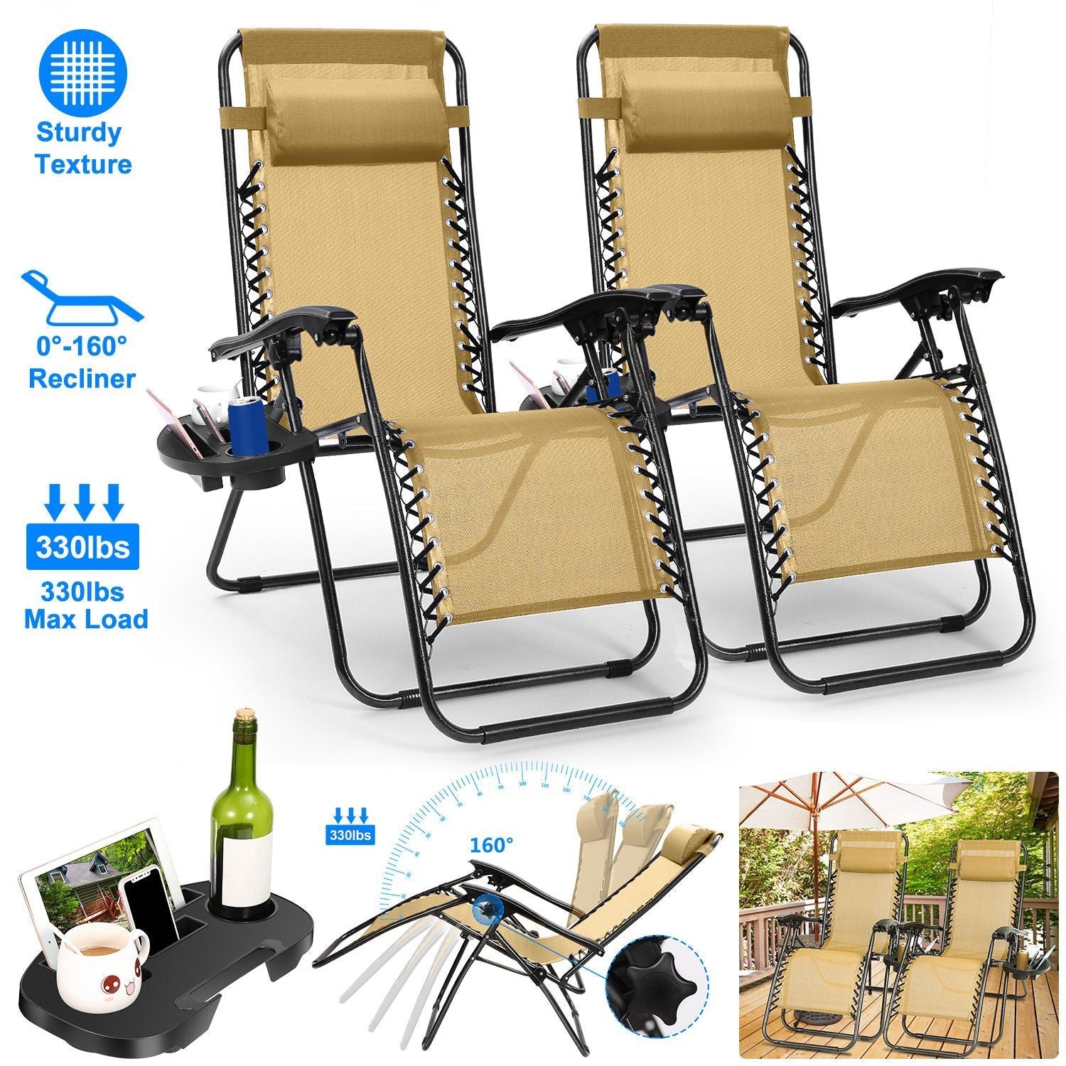2Packs Zero Gravity Lounge Chair w/ Dual Side Tray 330lbs Load Foldable Recliner Chair w/ Stress Relief Pillow Patio Poolside Beach Lying Chair