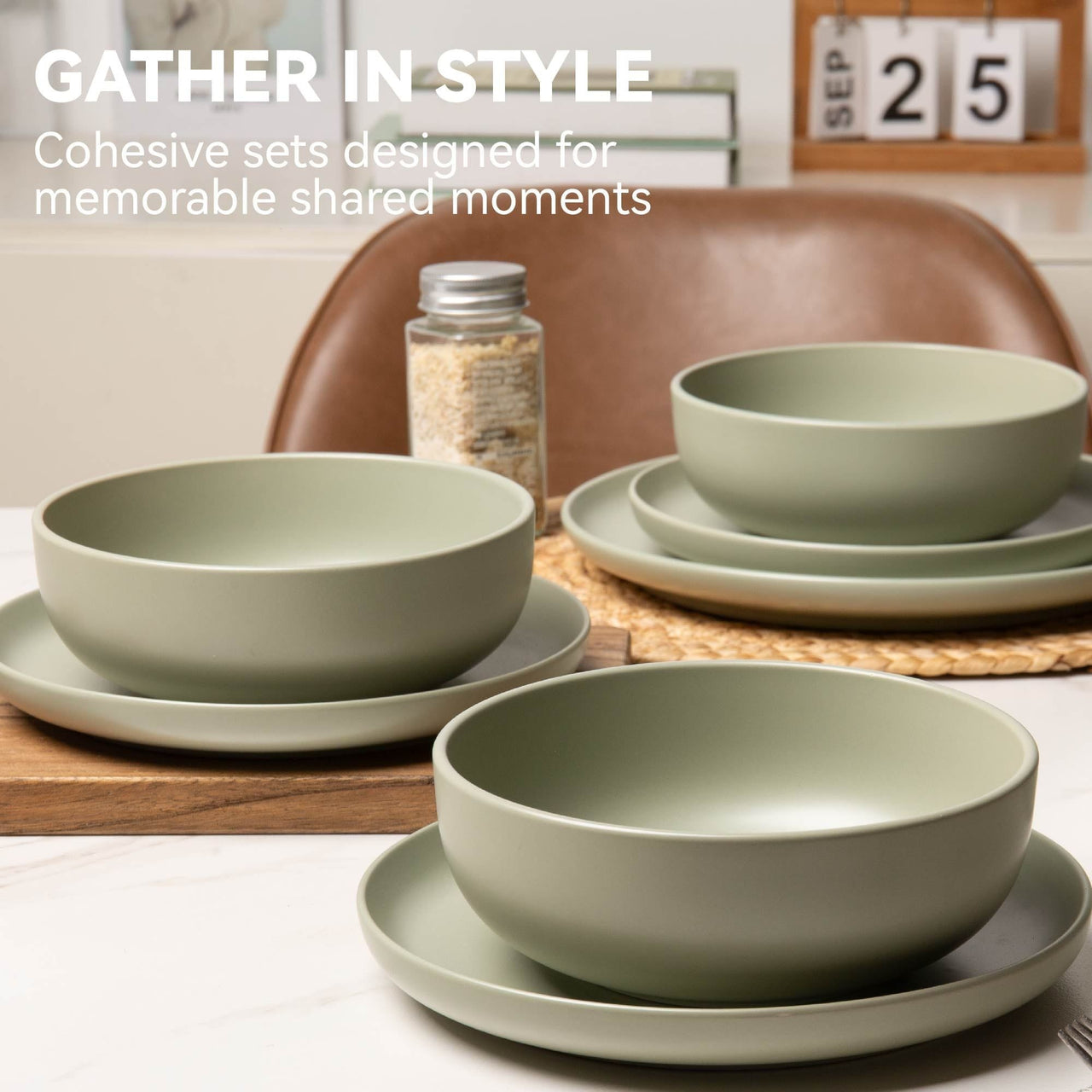 12-Piece Stoneware Dinner Plates Bowls Sets | Microwave & Dishwasher Safe | Non-Toxic Dinner Plates Bowls Set | Stackable Matte Glaze Kitchenware for 4