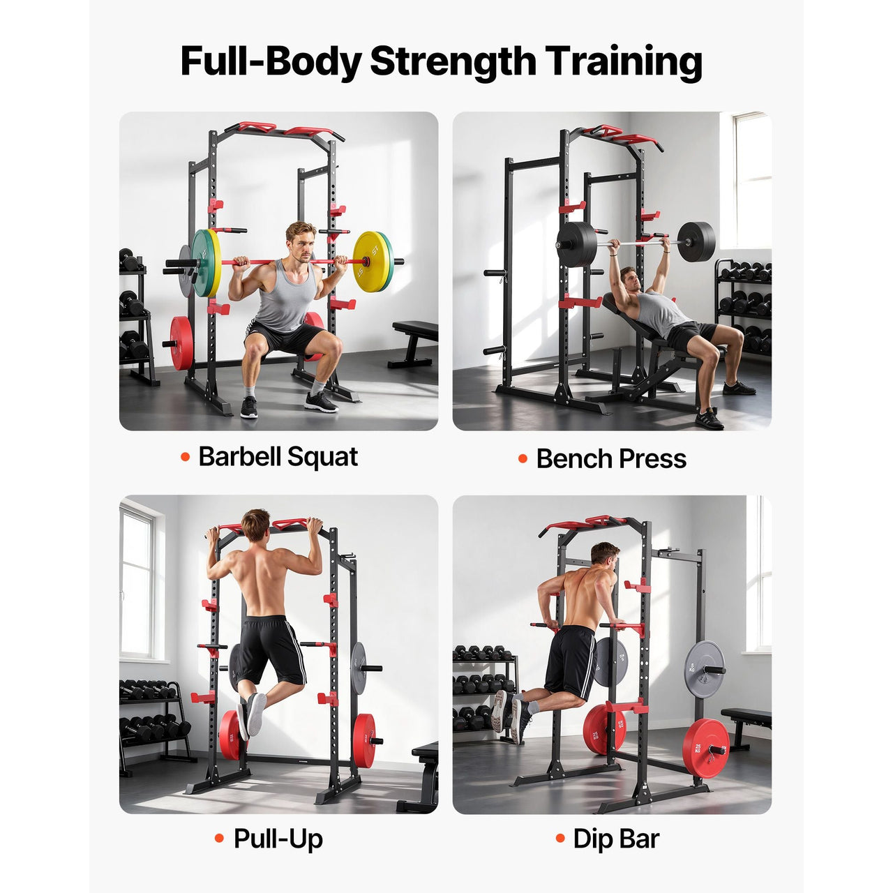 Power Cage Power Rack, Multifunctional Barbell Squat Rack with Adjustable Height, Home Gym Strength Training Workout Equipment with J-Hooks & More Fitness Attachment for Bench Press Pull-Up Dips